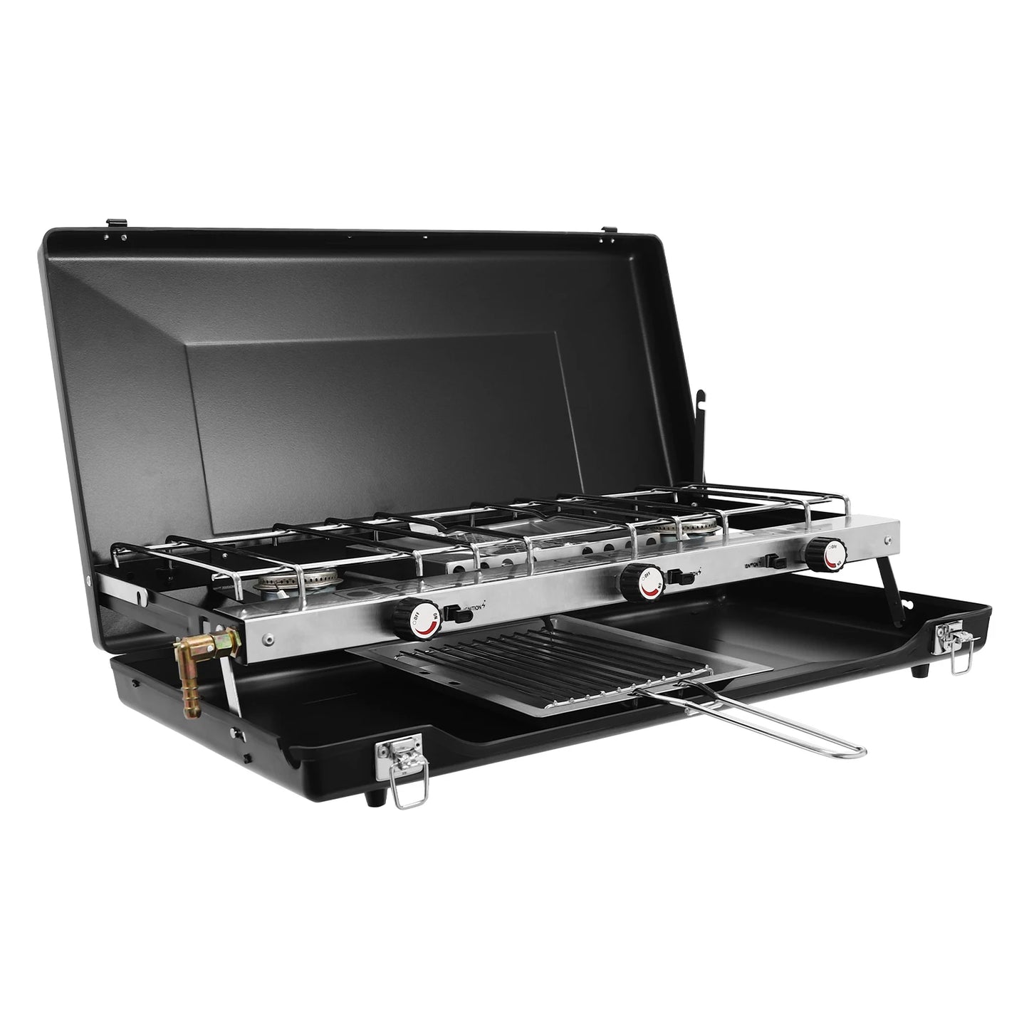 Portable 3 Burner Propane Camping Stove With Griddle And Windshield