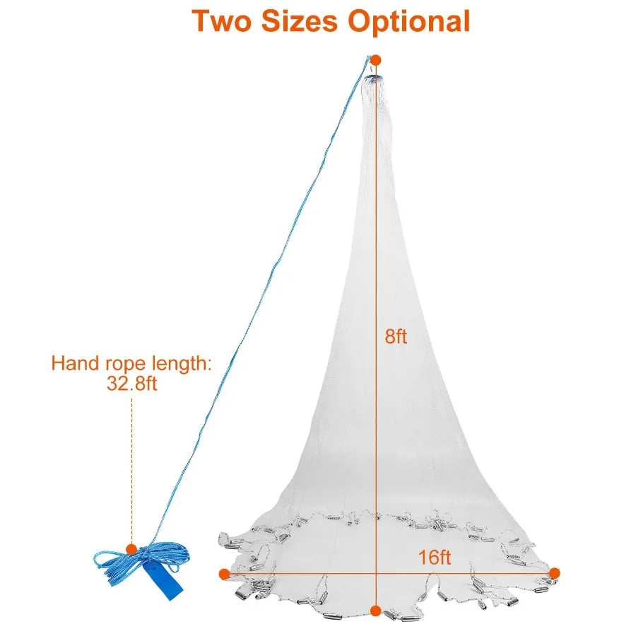 8ft Radius Fishing Cast Net Bait Trap Easy Throw Heavy Duty Hand Cast Net with Chain Sinker Bm Spread