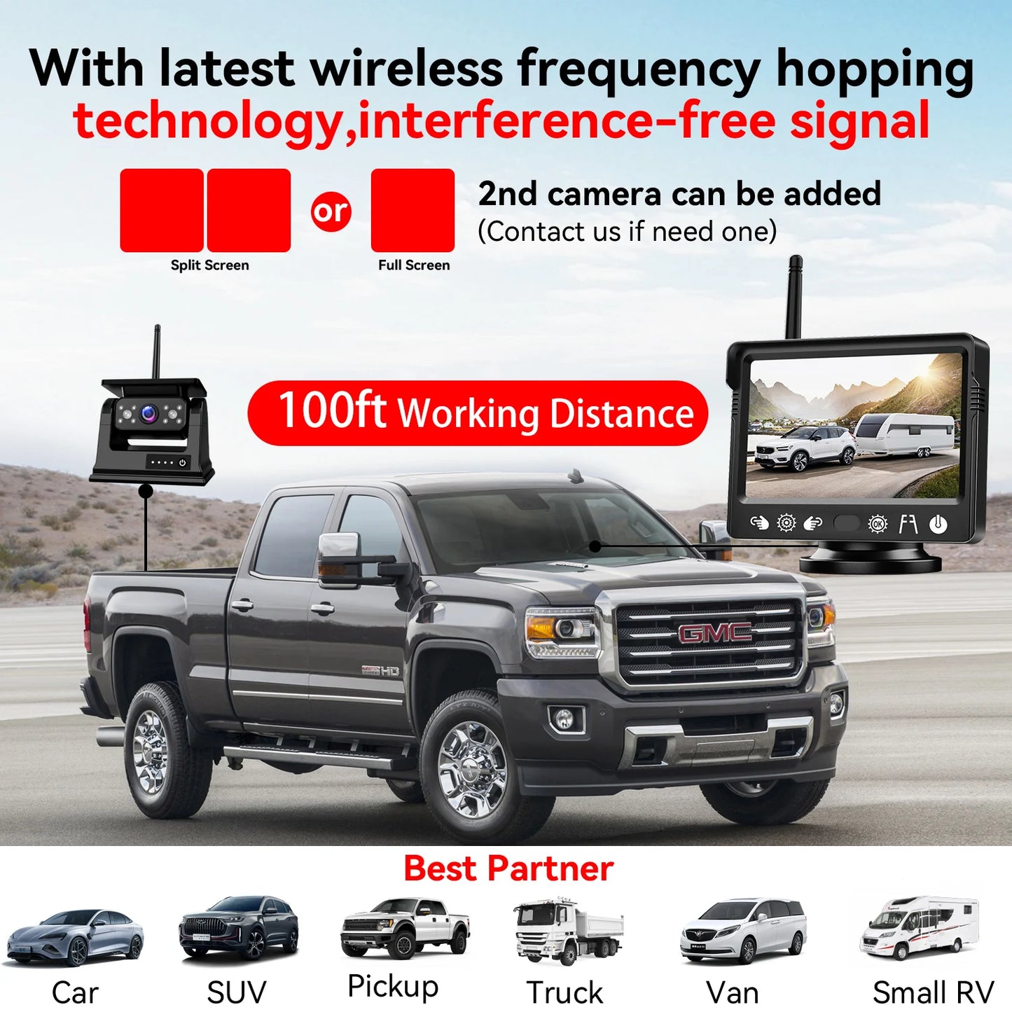 Solar magnetic wireless HD 1080P night vision reversing camera for RV trucks, paired with a 5-inch vehicle monitoring system.