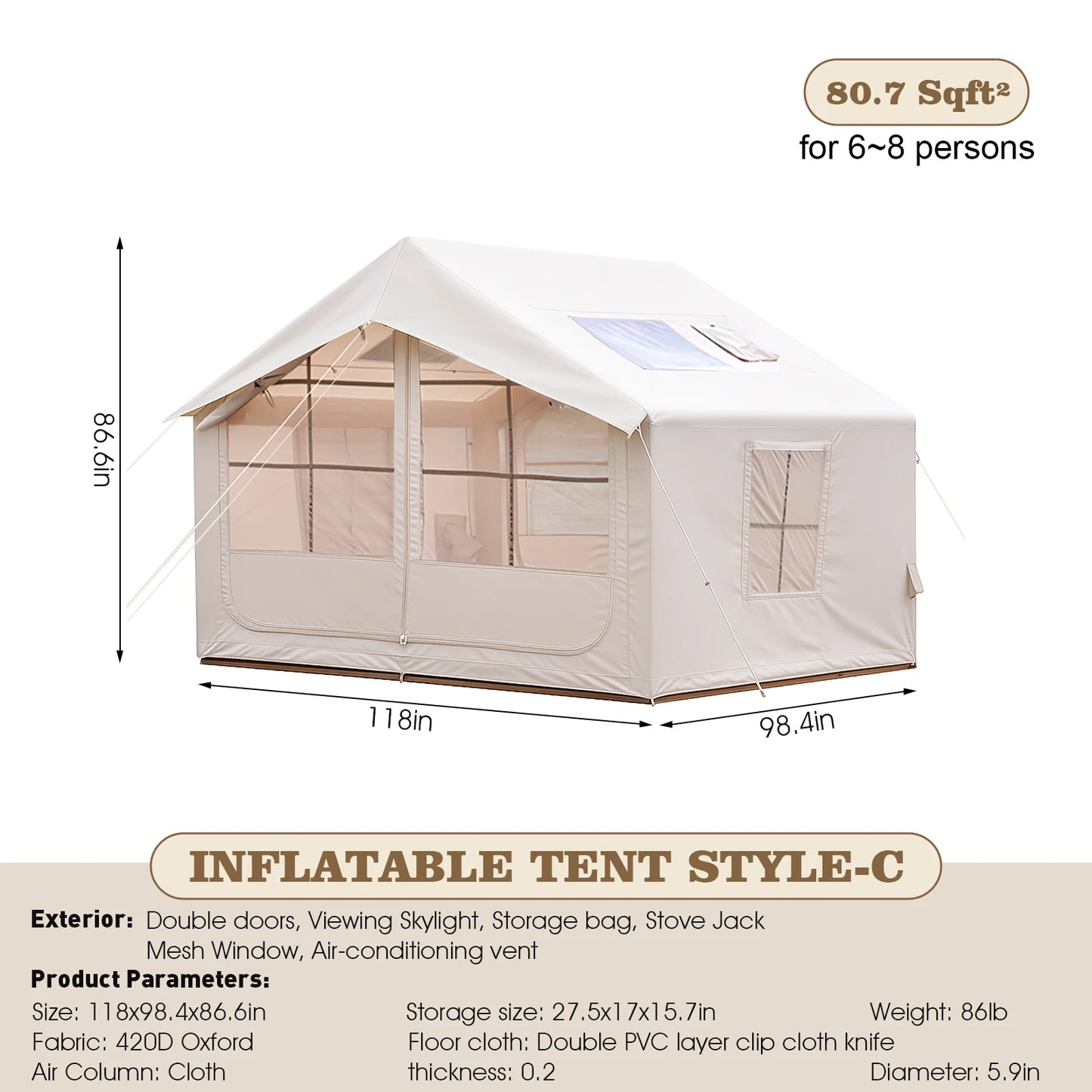 80.7 Square Feet Inflatable Tent with Air Conditioning Vent,4 Season Glamping Blow up Tent for Camping,Waterproof Oxford Fabric