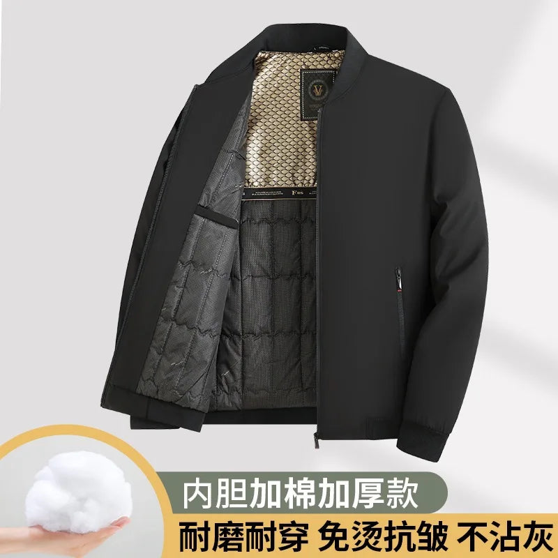 Warm Casual Cotton Jacket for Middle-Aged Men Thickened Fill Winter Outerwear Standard Fit Zipper Closure Solid Color
