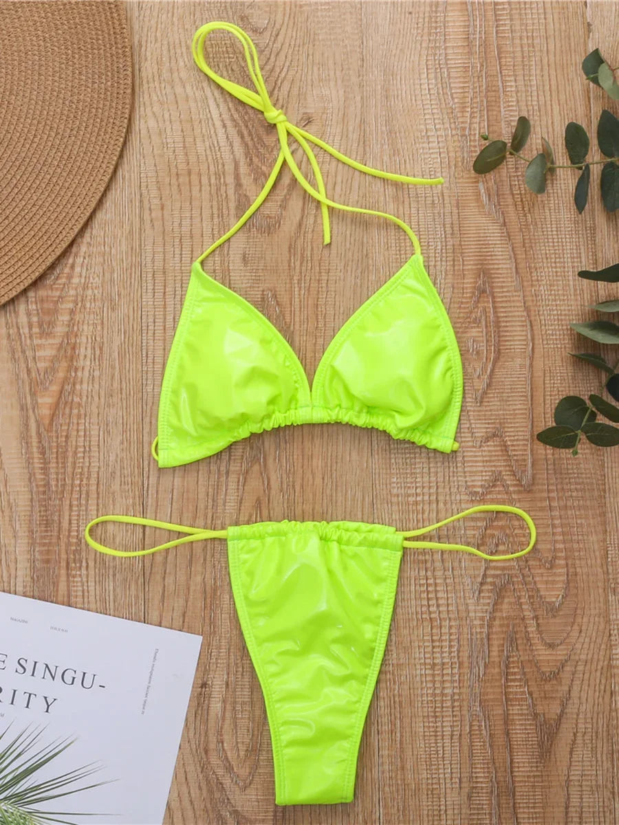 PaunikixCN Women Shiny PU Micro Bikini Set High Cut Pieces