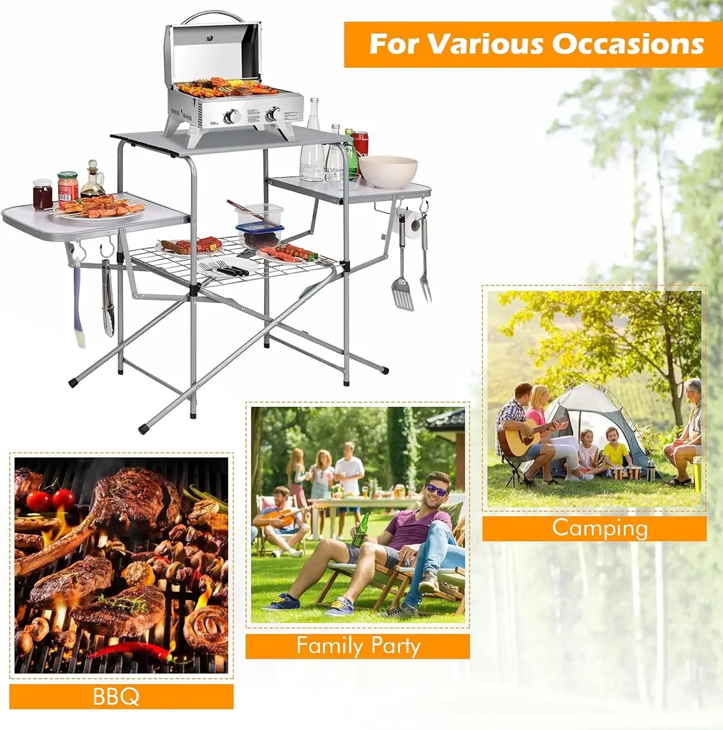Folding Grill Table Portable Aluminum Camping Kitchen Station Carrying Bag