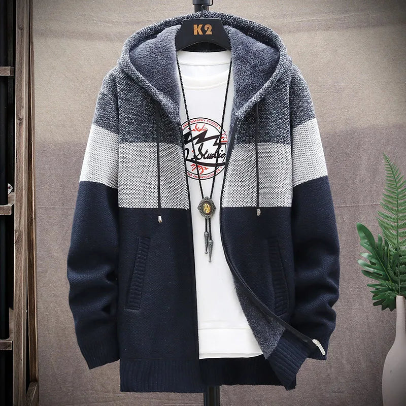 Men's Knit Sweater Fleece Coat Striped Jackets Fashion Hoodies Winter Autumn Thick Warm Windbreaker Pullovers Male Clothing
