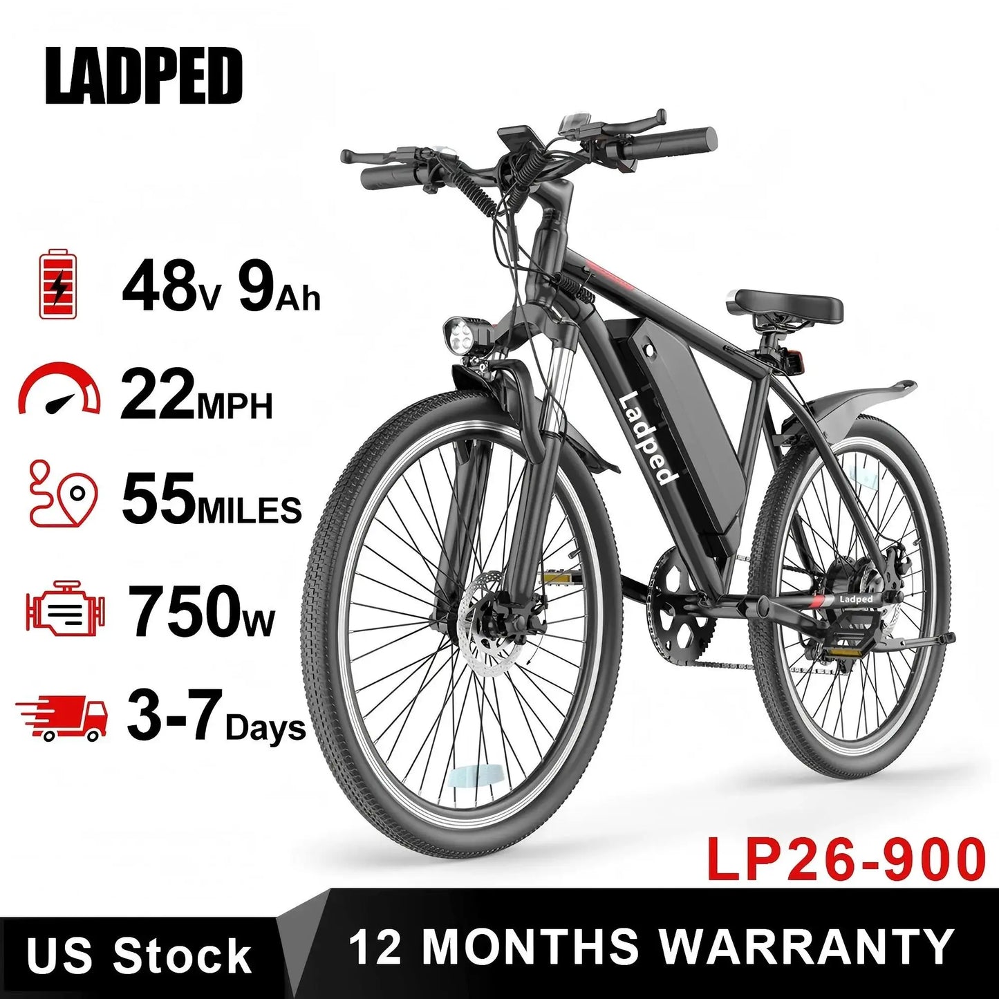 LADPED Electric Bicycle 26inches Tires 750W E-bike 48V 5.2AH E-Mountain Bike 7 Speed Long Range Ebike Adult Electric Bike