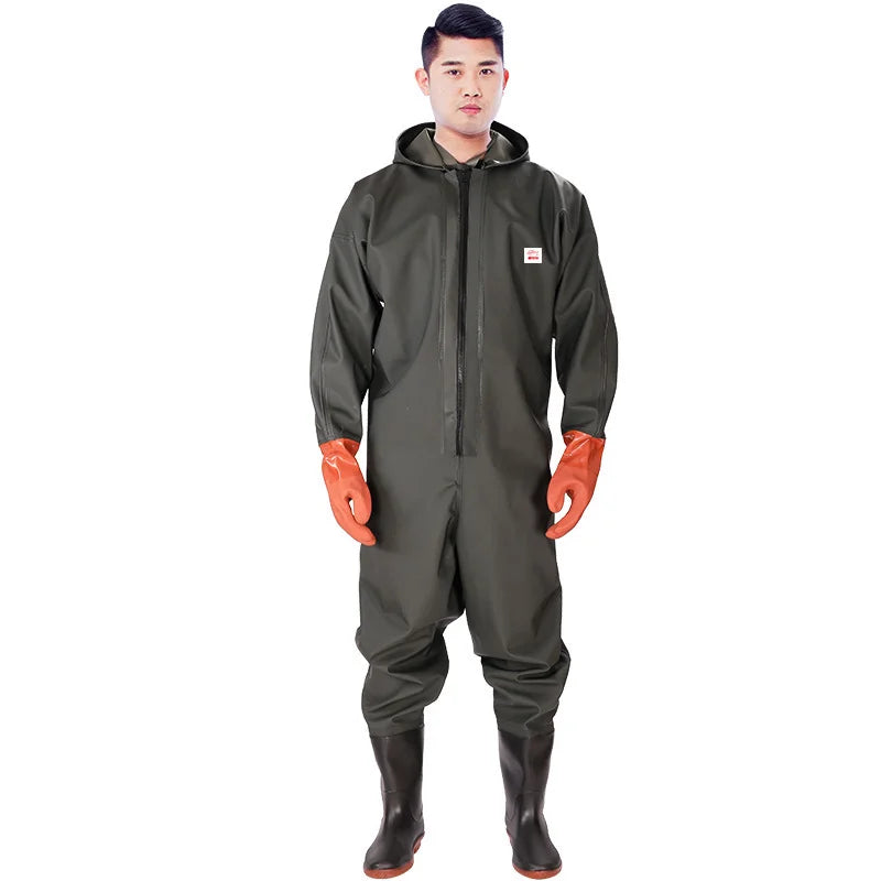 Men's Hooded Long Sleeve Wader Waterproof Overalls Pants With Boots Gloves Set Adult Outdoor Fishing Hunting River Tracing Gear