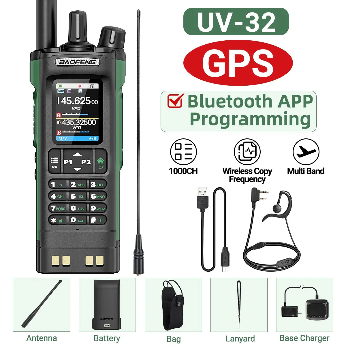 Baofeng UV-32 GPS Walkie Talkie 10W Long Range Multi Band Bluetooth APP Programming Wireless Copy Frequency Type-C Two Way Radio