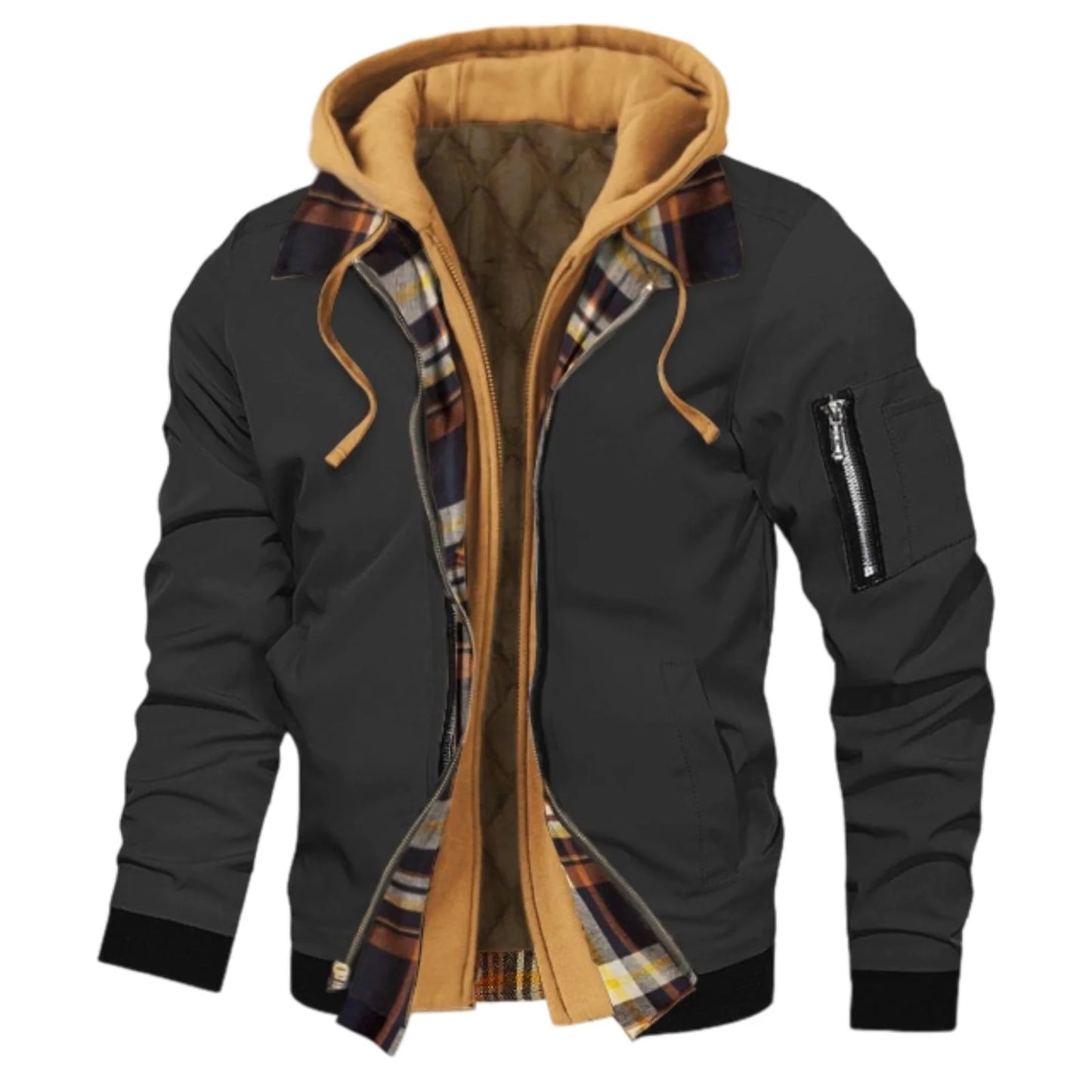 Men s Winter Hooded Jacket Casual Fake Two Piece Design Zip Up Long Sleeve Warm Coats with Faux Fur Lining and Pockets