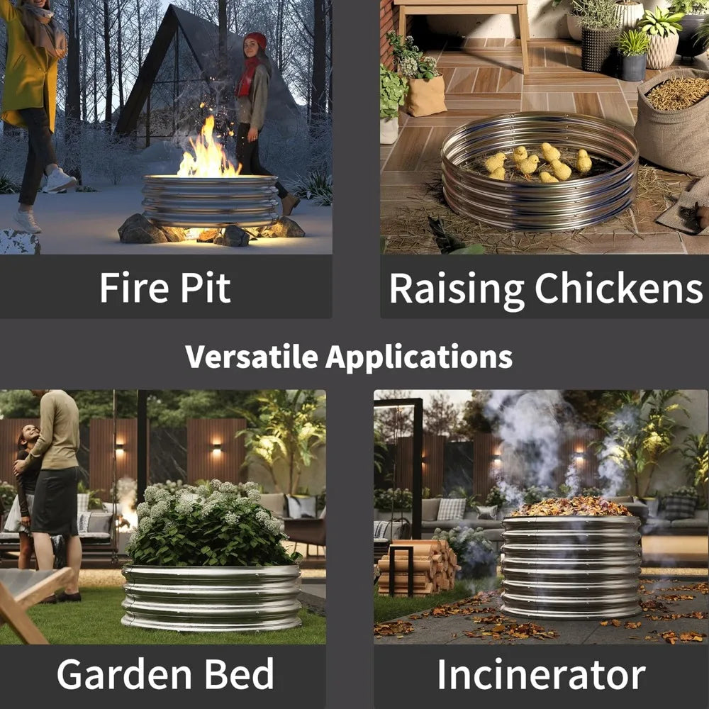 60 Inch Outdoor Fire Pit Ring, Round Galvanized Portable Fire Pit for Camping, Metal Steel Bonfire Fire Ring for Outside, Backya