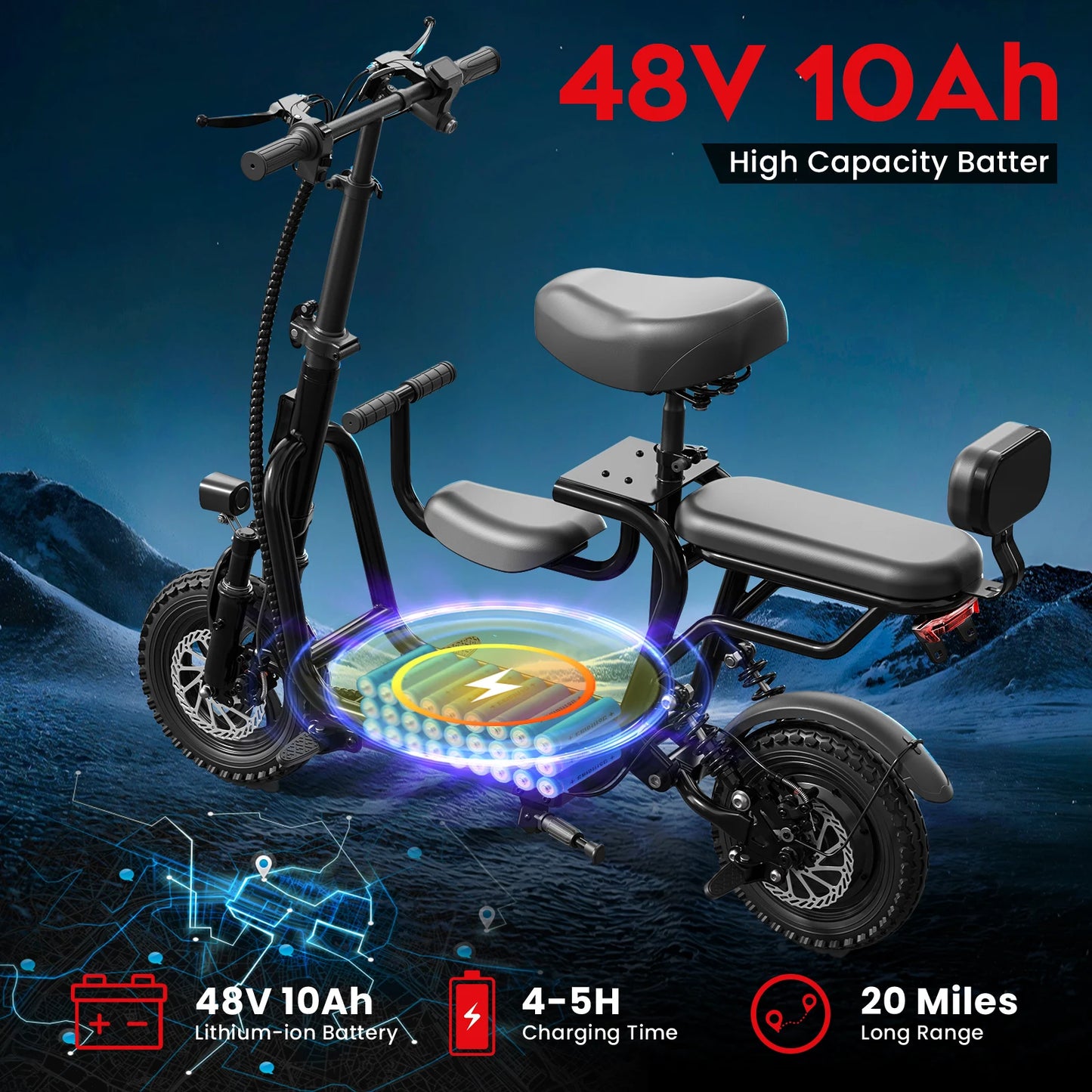 14" Foldable Electric Scooter with Seat for Adult,Peak 750W Motor with 48V 10Ah Dual Disc Brakes 20 Miles Range 4-6 Hours Charge