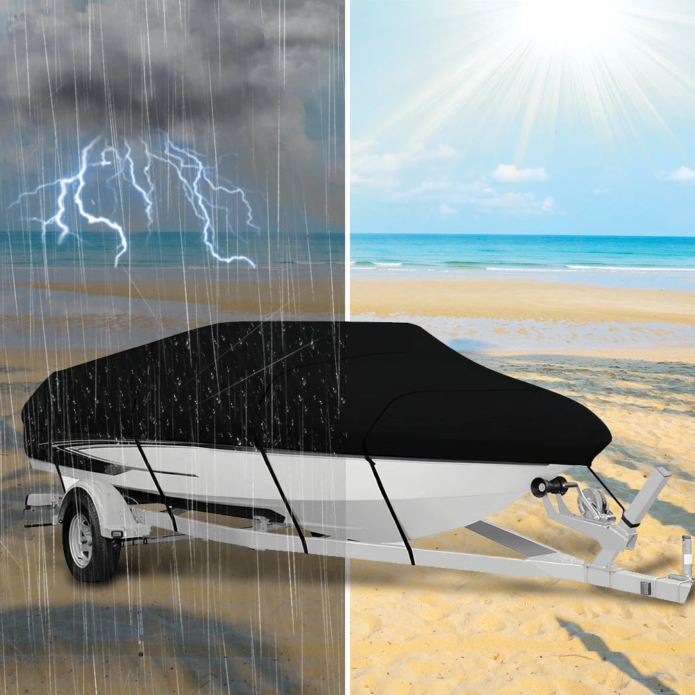 14-16FT Boat Cover 210D Oxford Cloth Universal Boat Cover Sunproof V-Shaped Hull Protector for Yachts Motors Rowing Boats