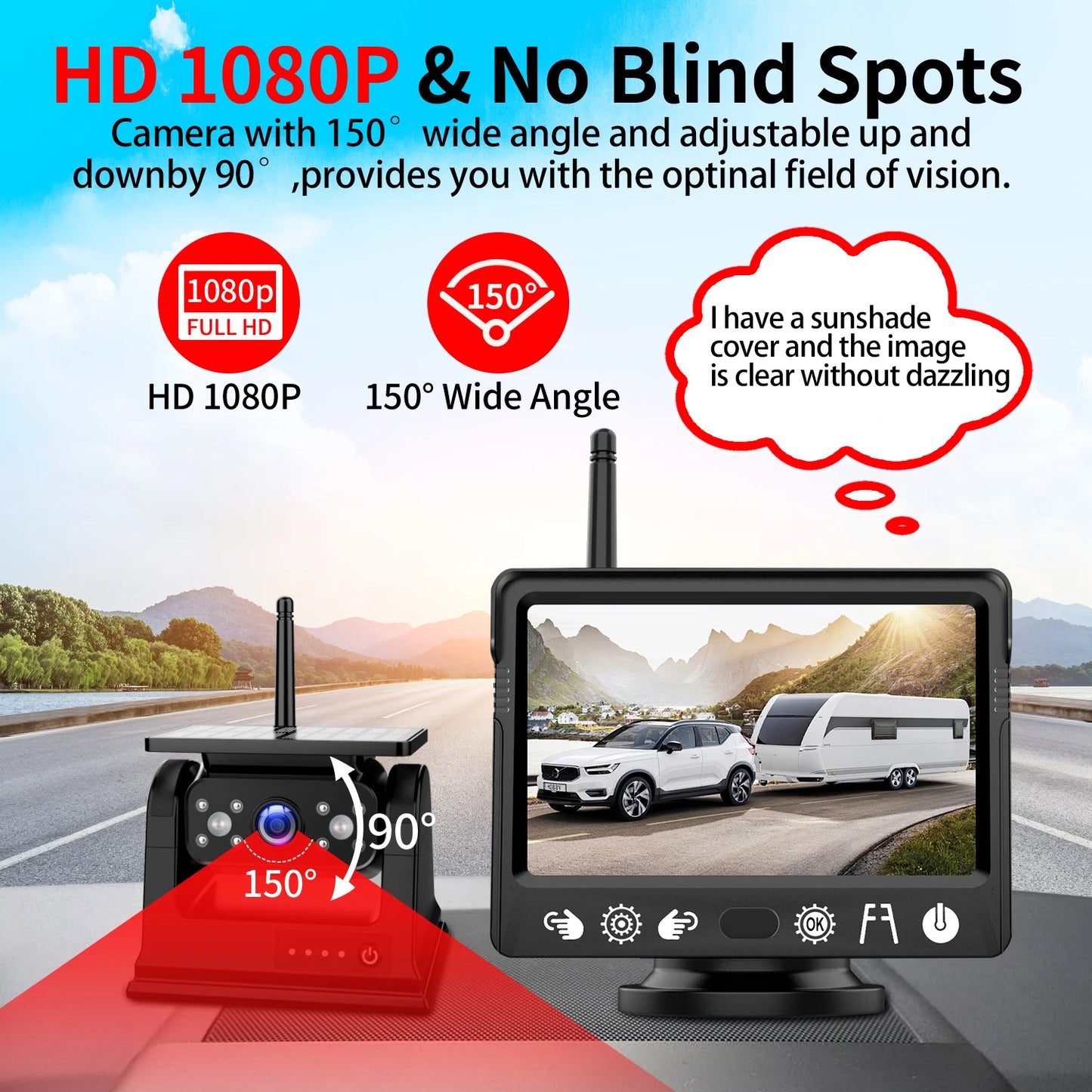 Solar magnetic wireless HD 1080P night vision reversing camera for RV trucks, paired with a 5-inch vehicle monitoring system.