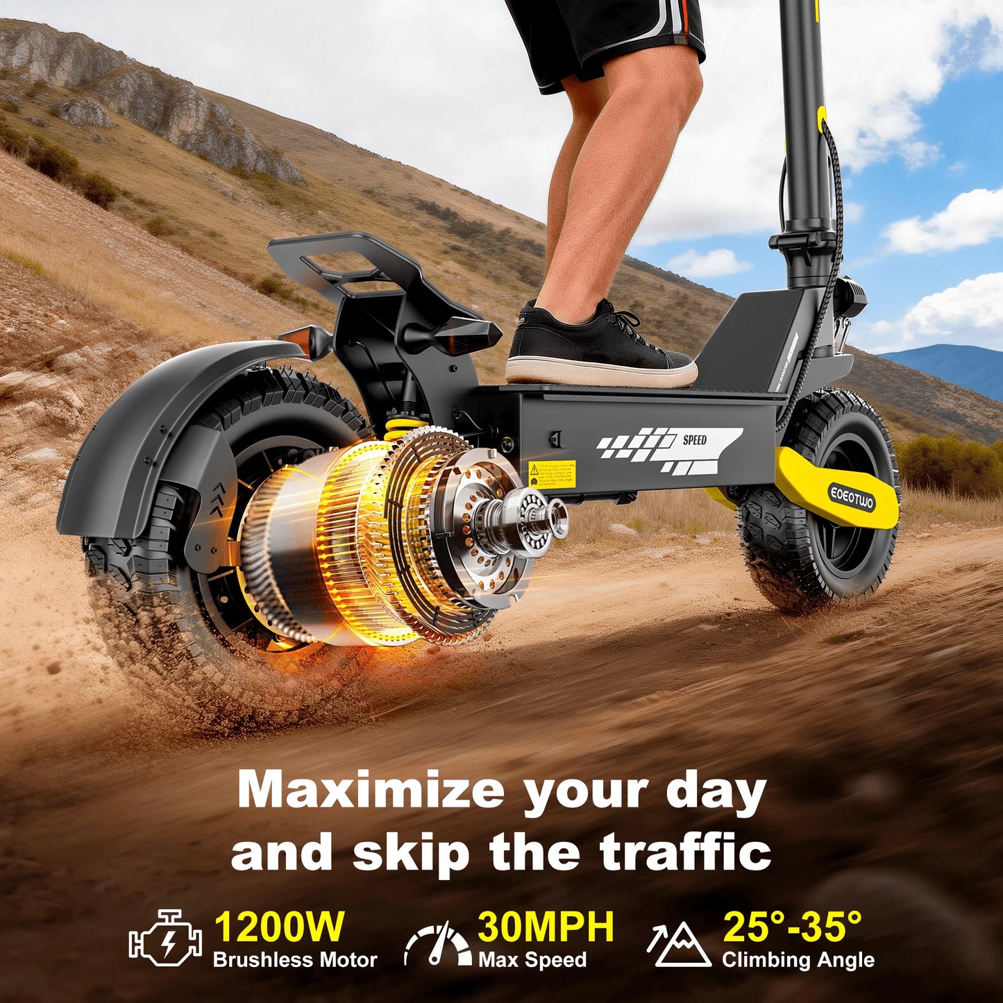 EOEOTWO GT06 Electric Scooter Adults 30MPH,1200W Motor E-Scooter,11'' Off-Road Tire Scooter with Dual Suspension & Side Light