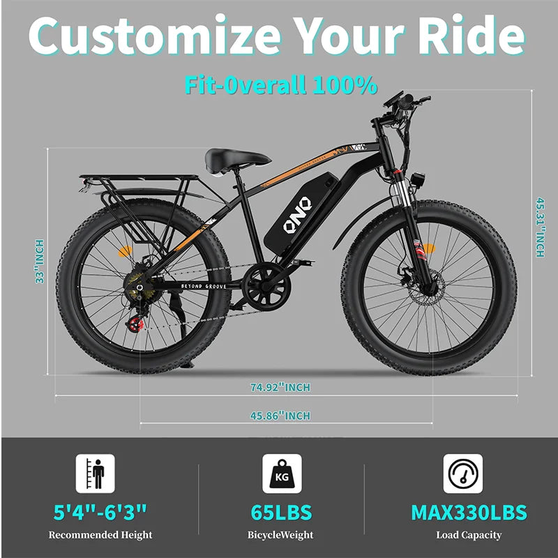 QNQ Q26 Electric Bicycle 1500W Motor 48V15AH Lithium Battery Electric Bike 26 Inch Fat Tire Snow E-bike