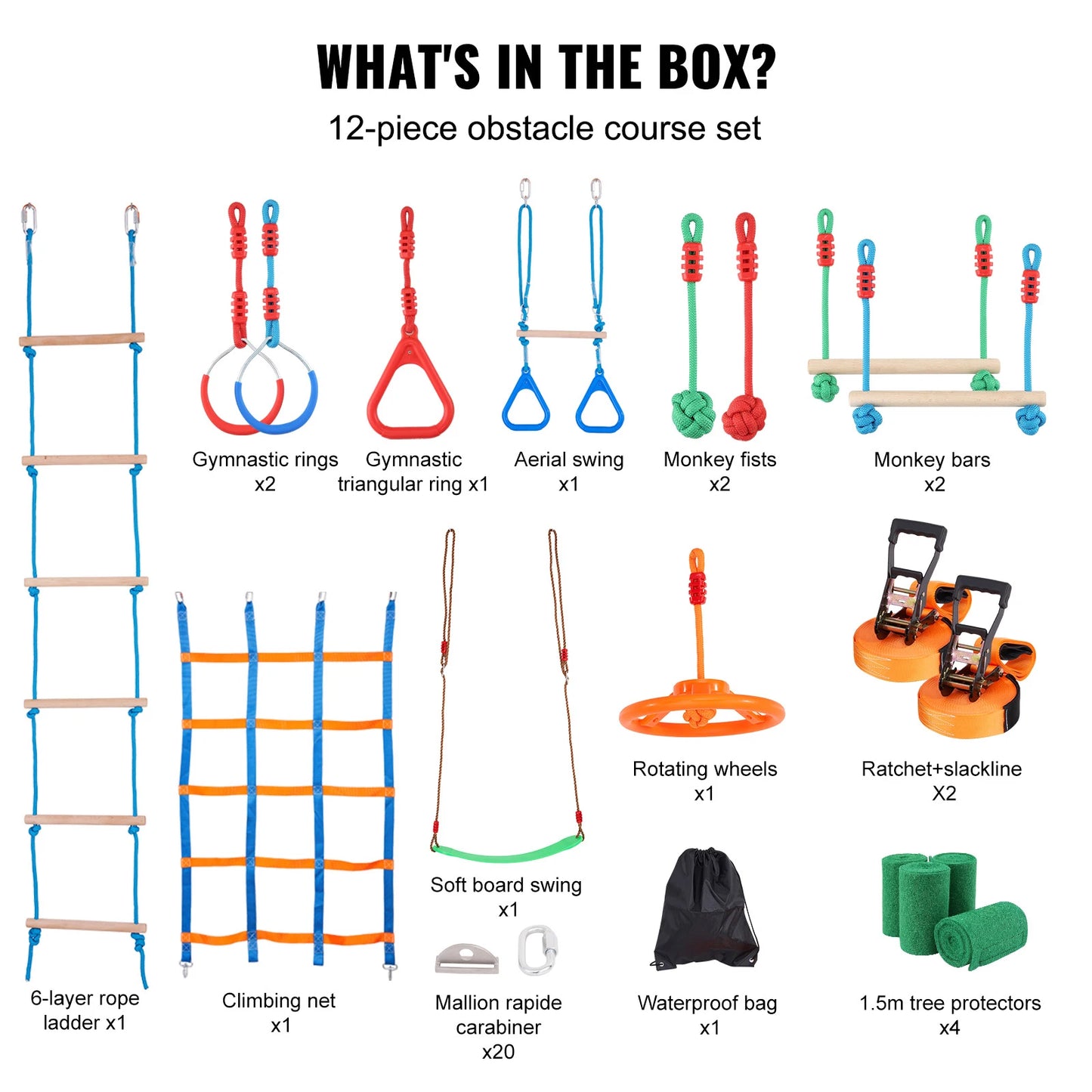 VEVOR 2x50/56/60/65FT Ninja Warrior Obstacle Course for Kids Weatherproof Slacklines 500lbs Weight Outdoor Playset Equipment