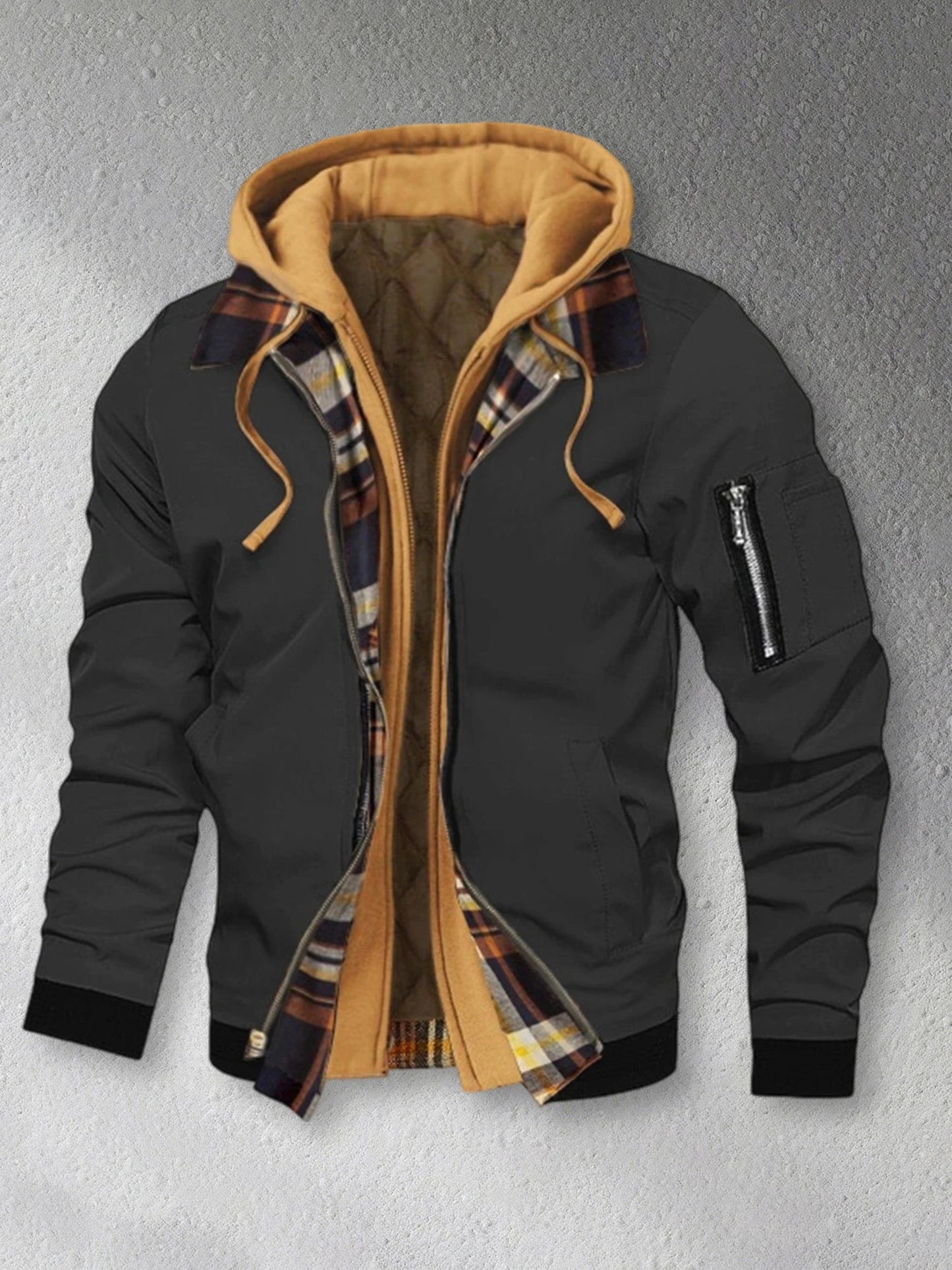 Men s Winter Hooded Jacket Casual Fake Two Piece Design Zip Up Long Sleeve Warm Coats with Faux Fur Lining and Pockets