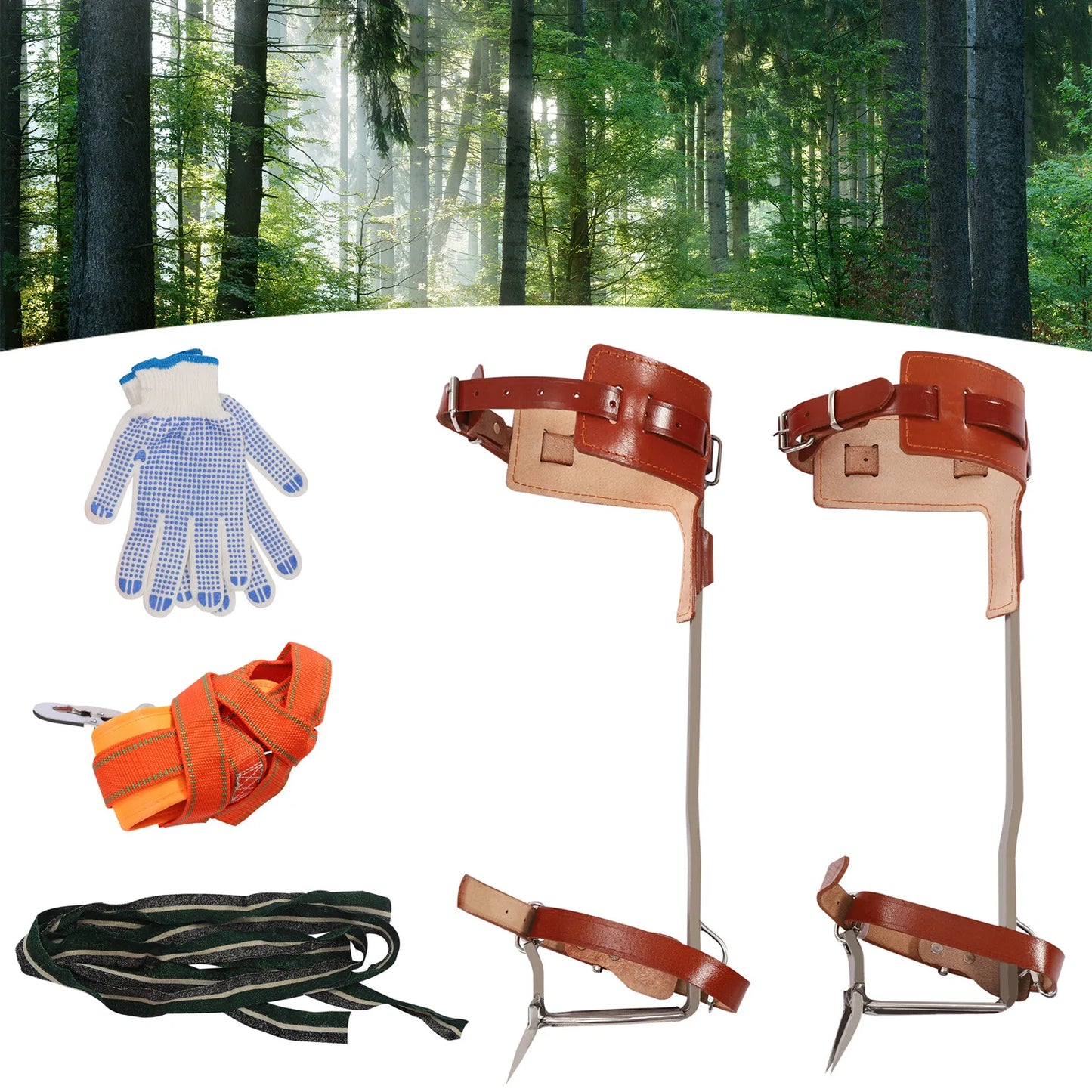 Tree Climbing Spike Set Adjustable Spurs Double Gaffs Stainless Steel Cowhide Safety Harness Gear 220lbs