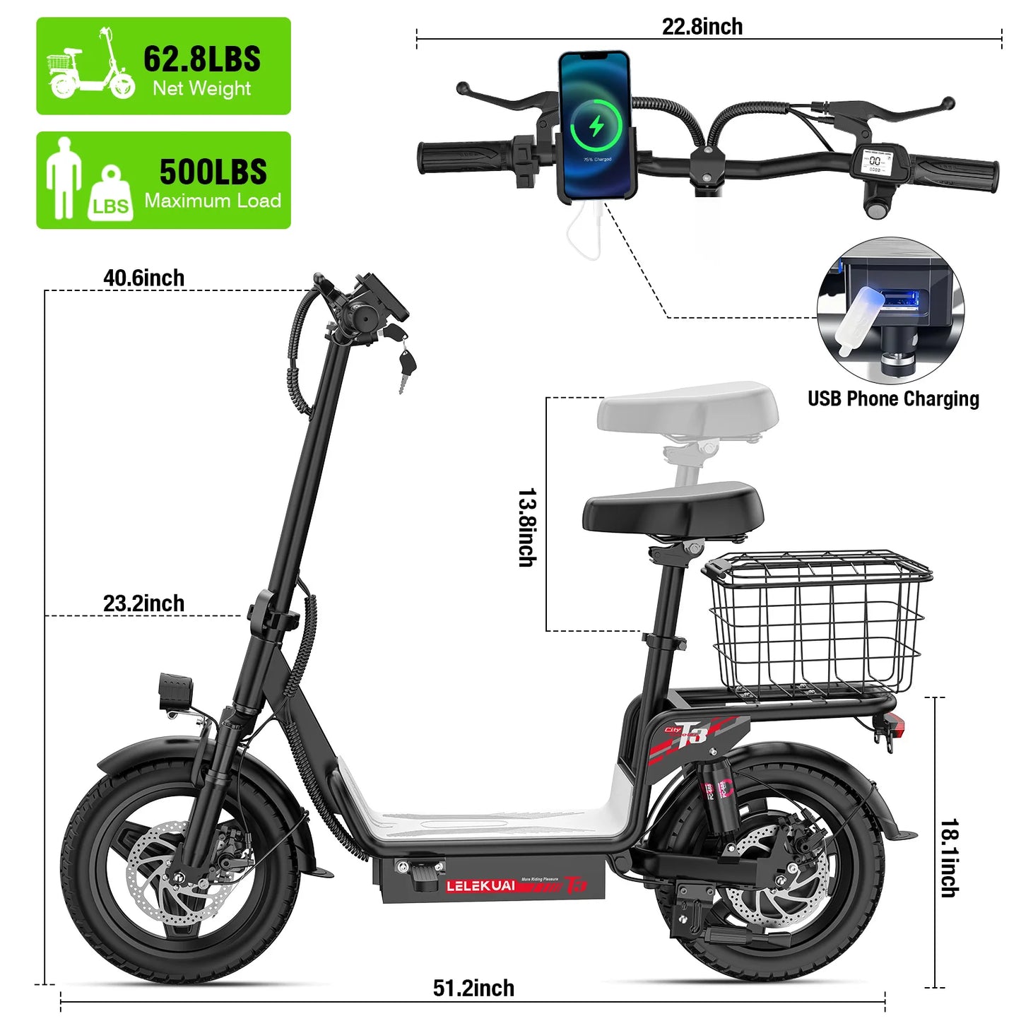 LELEKUAIFolded Electric Bike 500W 48V 15Ah Folding with Basket