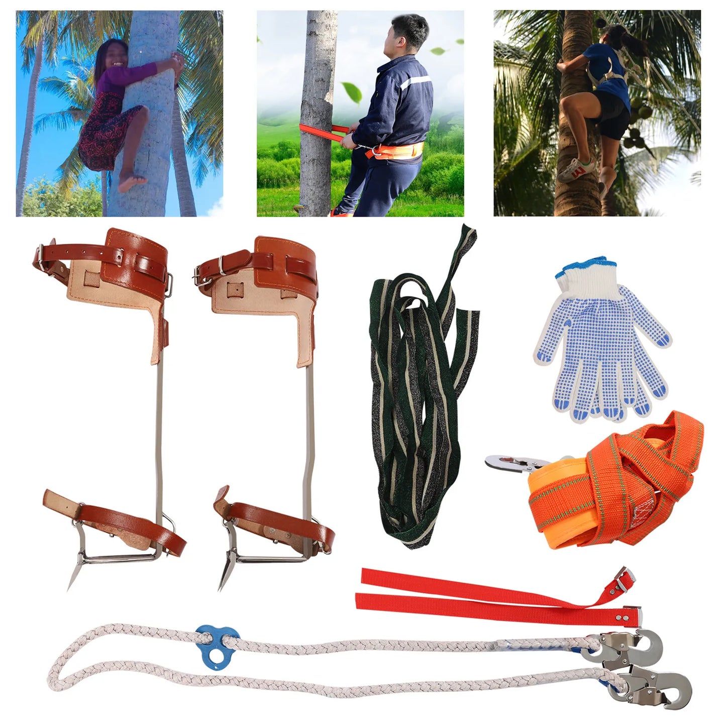 Tree Climbing Spike Set Adjustable Spurs Double Gaffs Stainless Steel Cowhide Safety Harness Gear 220lbs