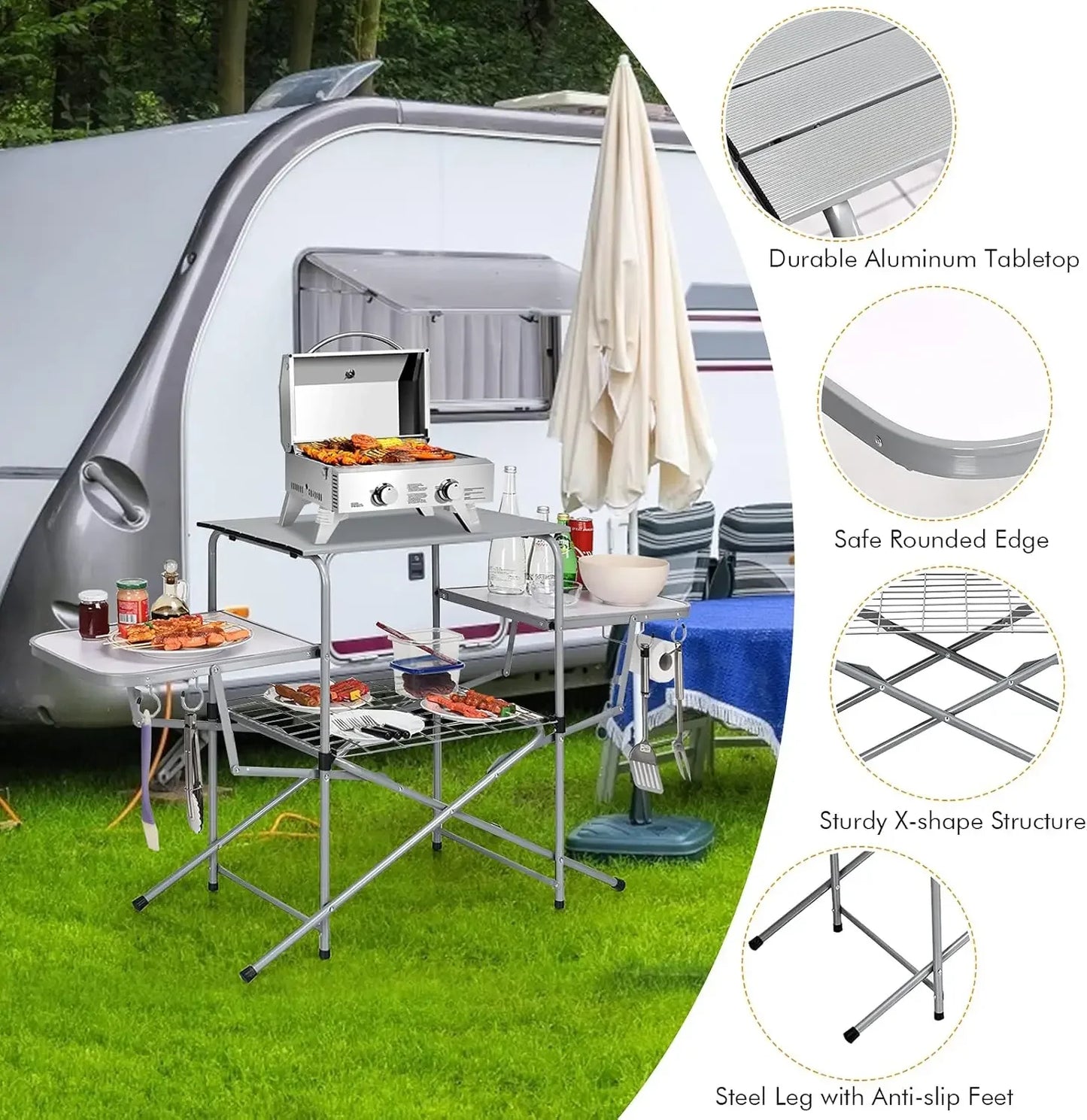 Folding Grill Table Portable Aluminum Camping Kitchen Station Carrying Bag