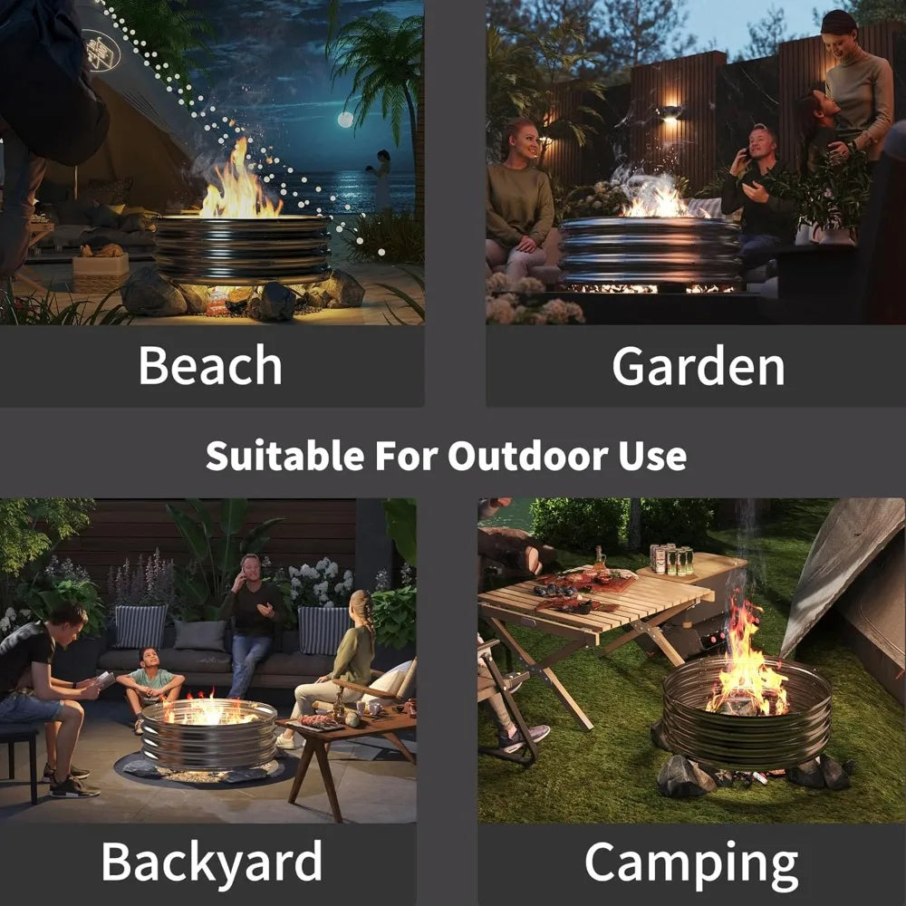 60 Inch Outdoor Fire Pit Ring, Round Galvanized Portable Fire Pit for Camping, Metal Steel Bonfire Fire Ring for Outside, Backya