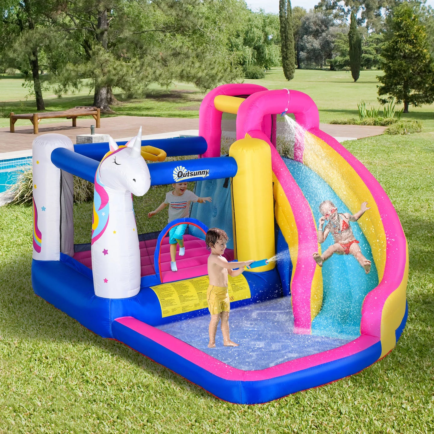 Unicorn 5-in-1 Large Inflatable Bounce House, Inflatable Water Slide for Kids