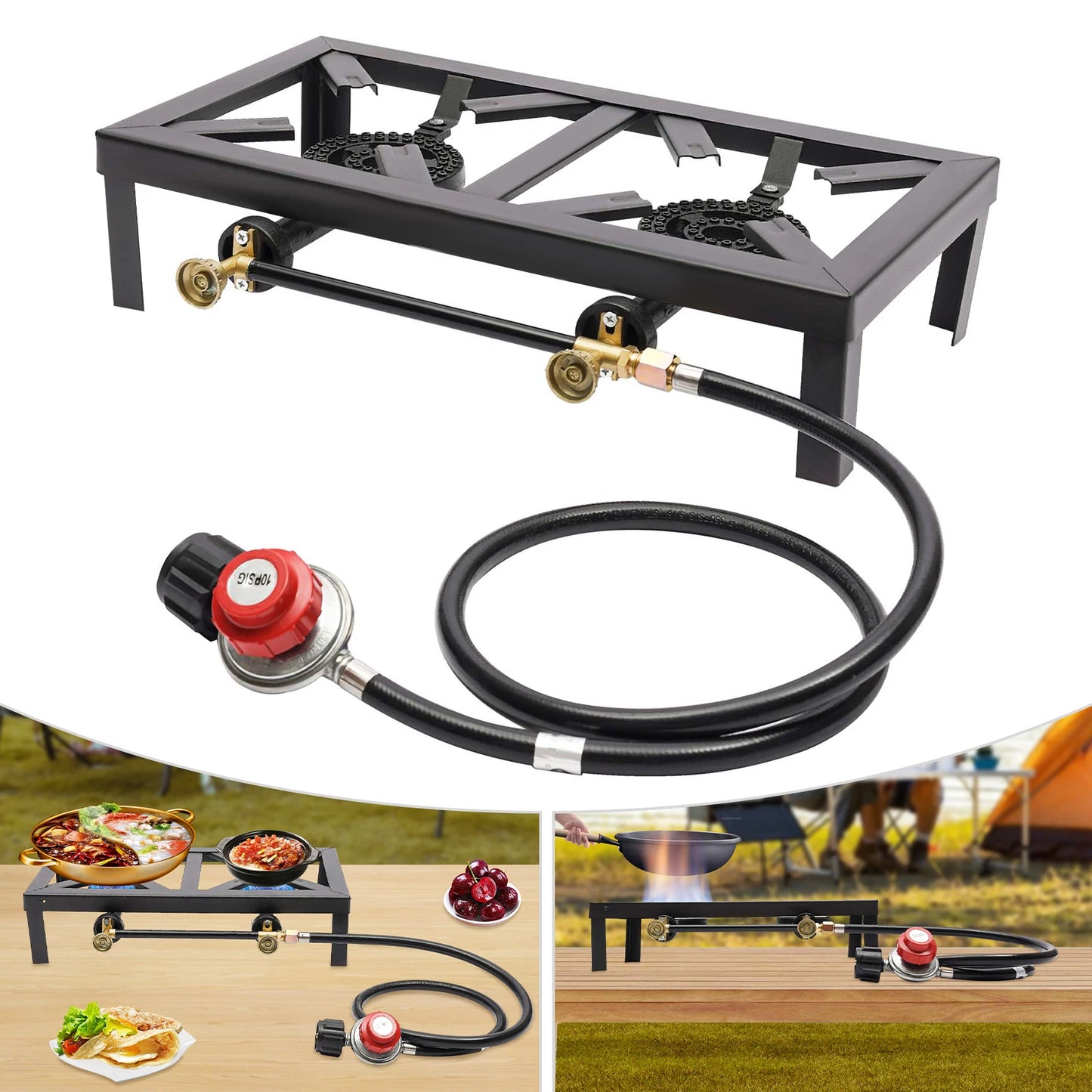 Portable Double Burner Outdoor Gas Stove Propane Cooker Adjustable Regulator
