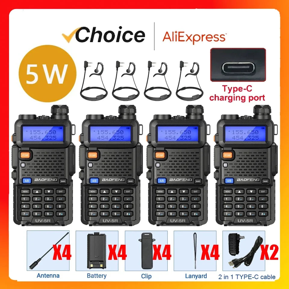 4Pcs Baofeng UV-5R 5W Tri-Power Walkie Talkie High Power Dual Band Long Range Portable Handheld UV 5R Radio