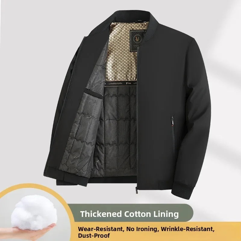 Warm Casual Cotton Jacket for Middle-Aged Men Thickened Fill Winter Outerwear Standard Fit Zipper Closure Solid Color