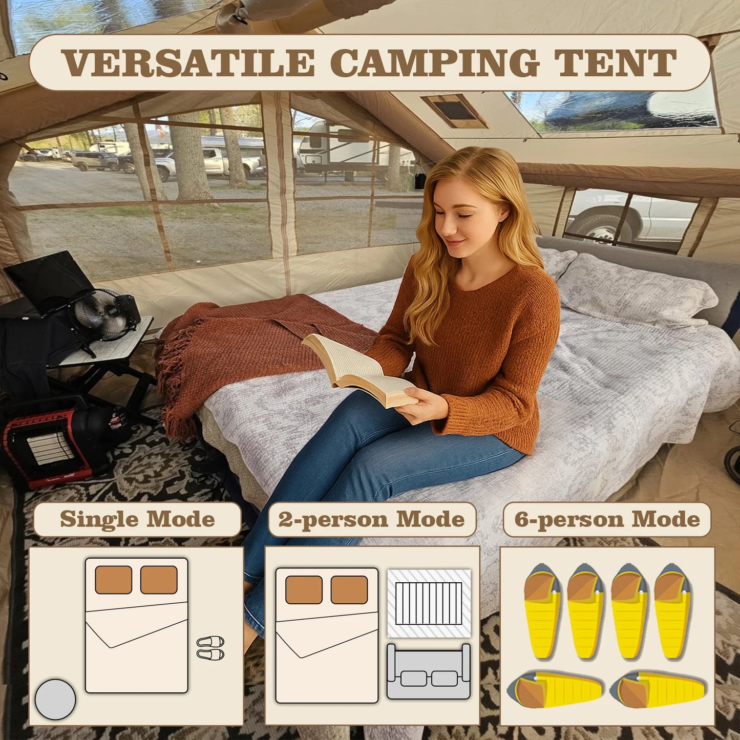 80.7 Square Feet Inflatable Tent with Air Conditioning Vent,4 Season Glamping Blow up Tent for Camping,Waterproof Oxford Fabric