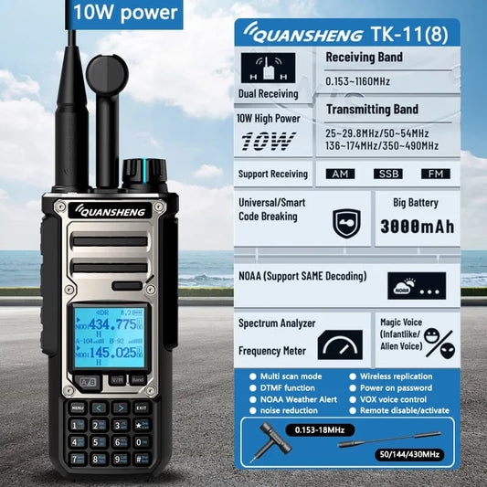 Quansheng TK-11(8) 10W VHF/UHF Dual Band Radio 999CH CTCSS/DCS IP55 2500mAh Type-C NOAA Weather Alarm CE