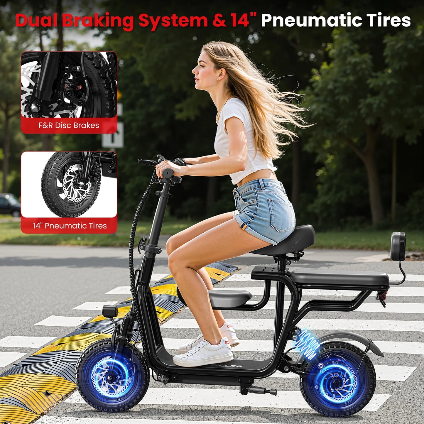 14" Foldable Electric Scooter with Seat for Adult,Peak 750W Motor with 48V 10Ah Dual Disc Brakes 20 Miles Range 4-6 Hours Charge