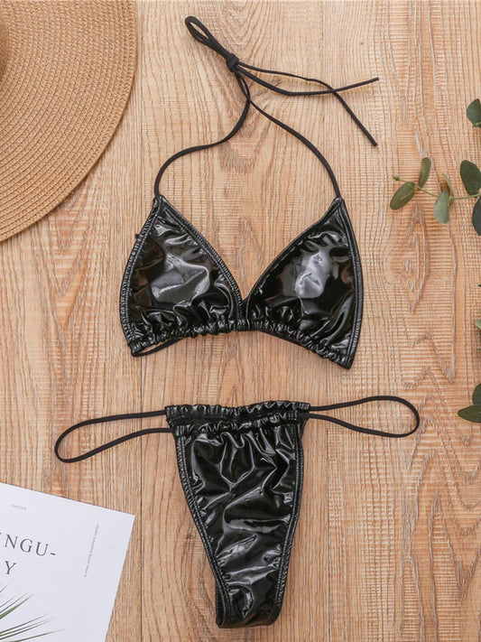 PaunikixCN Women Shiny PU Micro Bikini Set High Cut Pieces
