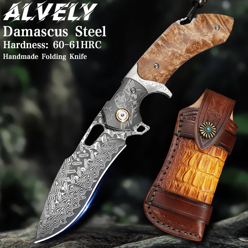 Handmade Japanese Damascus Steel Folding Pocket Knife with Sheath, Men's Pocket Knife, EDC Camping Hunting Knife, Hiking Trip