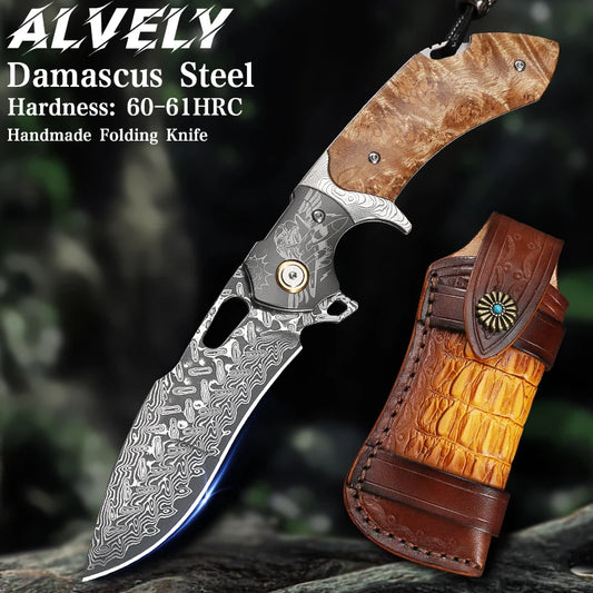 Handmade Japanese Damascus Steel Folding Pocket Knife with Sheath, Men's Pocket Knife, EDC Camping Hunting Knife, Hiking Trip