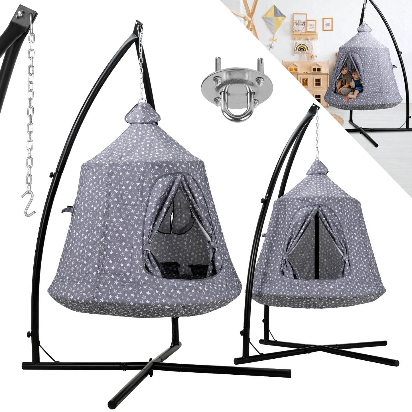 Hammock Chair Stand with Swing Chair, Hanging Tree Tent, Steel Stand Combo, with LED Decoration Lights, Indoor Outdoor Kids Play