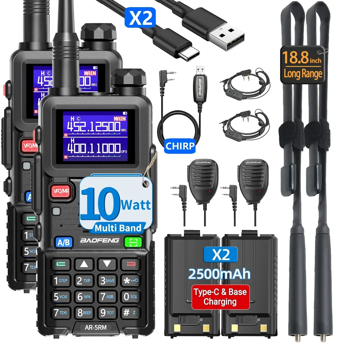 2PCS BAOFENG AR-5RM Multi Band Walkie Talkie 10W Wireless Copy Frequency Type-C Charger 999CH NOAA For UV-5R UV-5RH Ham Radio