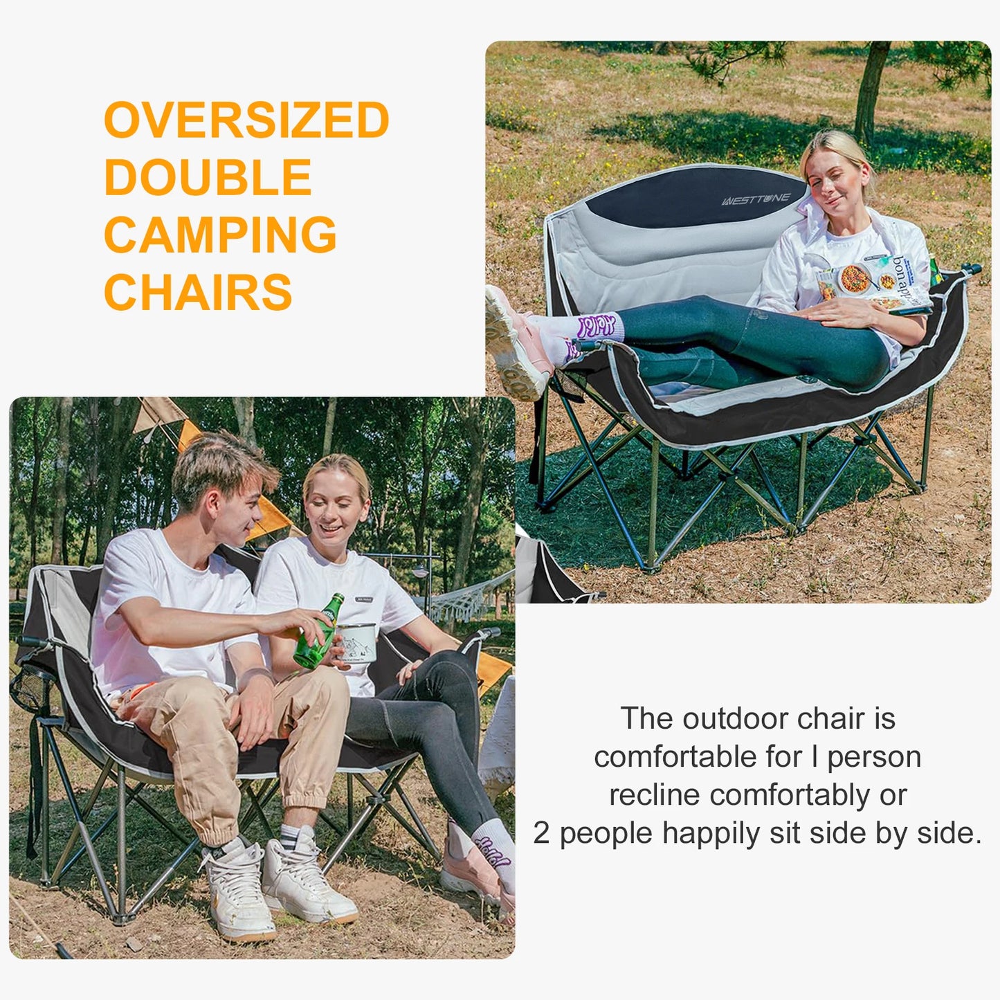 West Tune Double Camping Chair Heavy Duty Loveseat Cup Holder