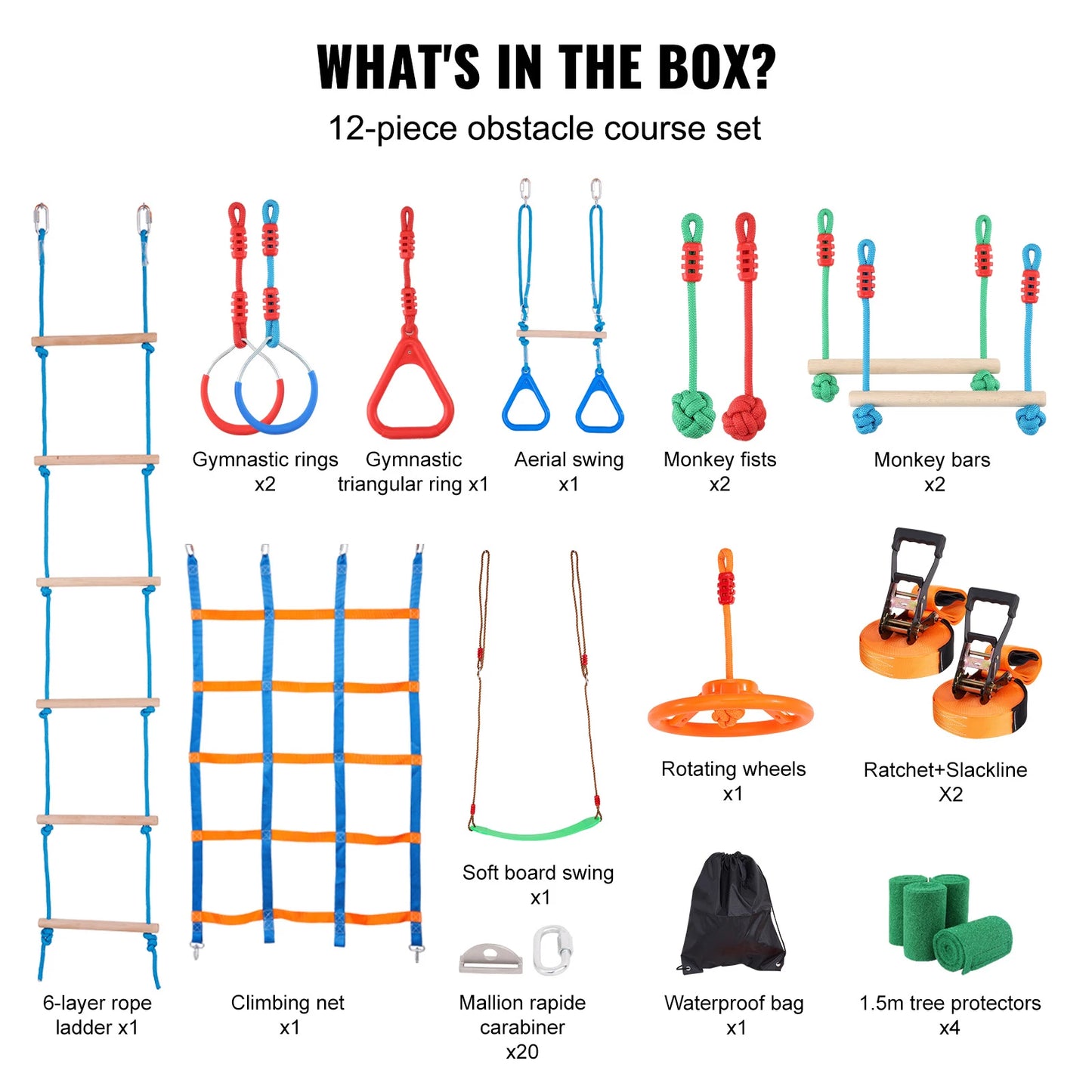 VEVOR 2x50/56/60/65FT Ninja Warrior Obstacle Course for Kids Weatherproof Slacklines 500lbs Weight Outdoor Playset Equipment