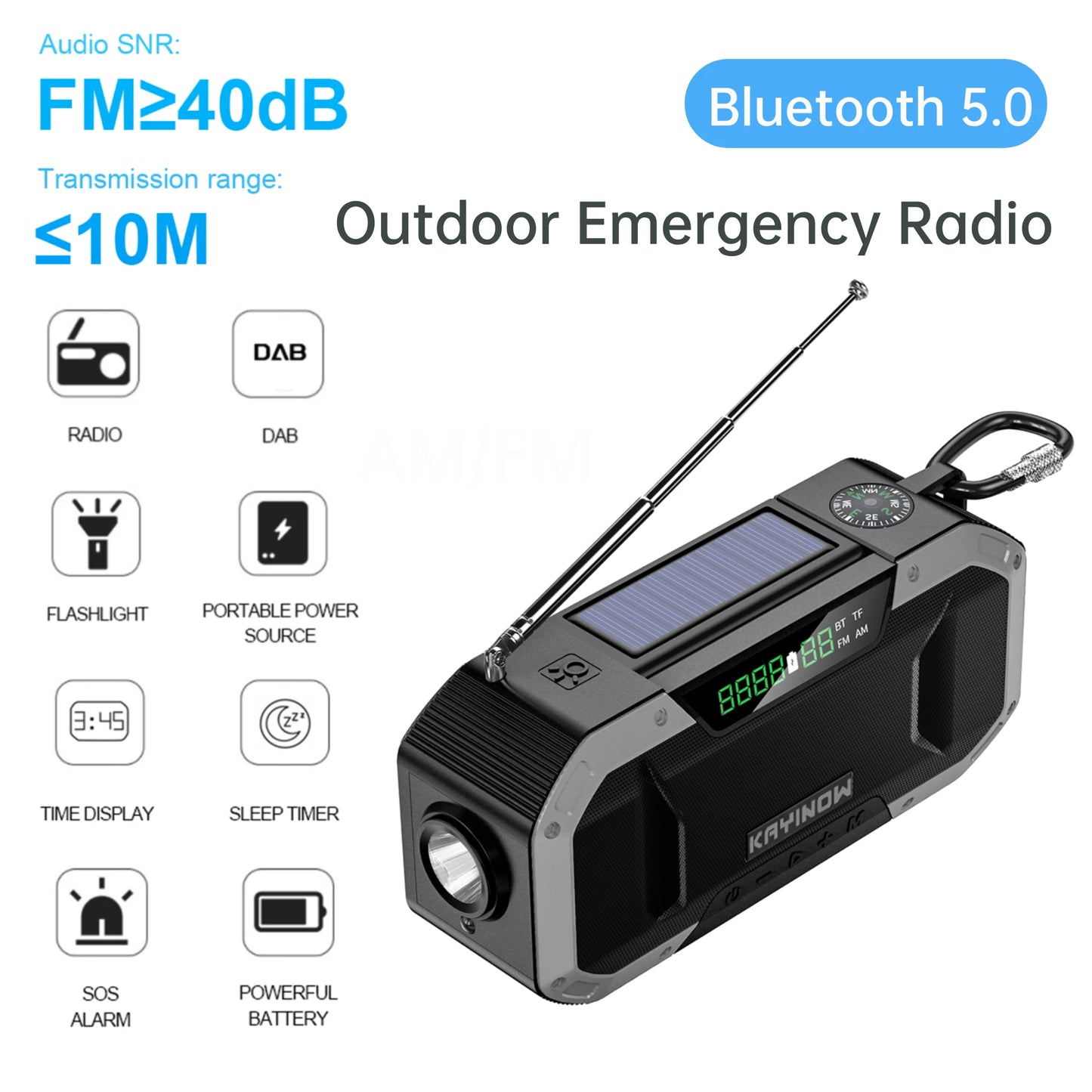 10000mAh Outdoor Solar Radio with Speaker Solar/Hand Crank Charging W/ Flashlight SOS Alarm Headphone Jack for Outdoor Camping