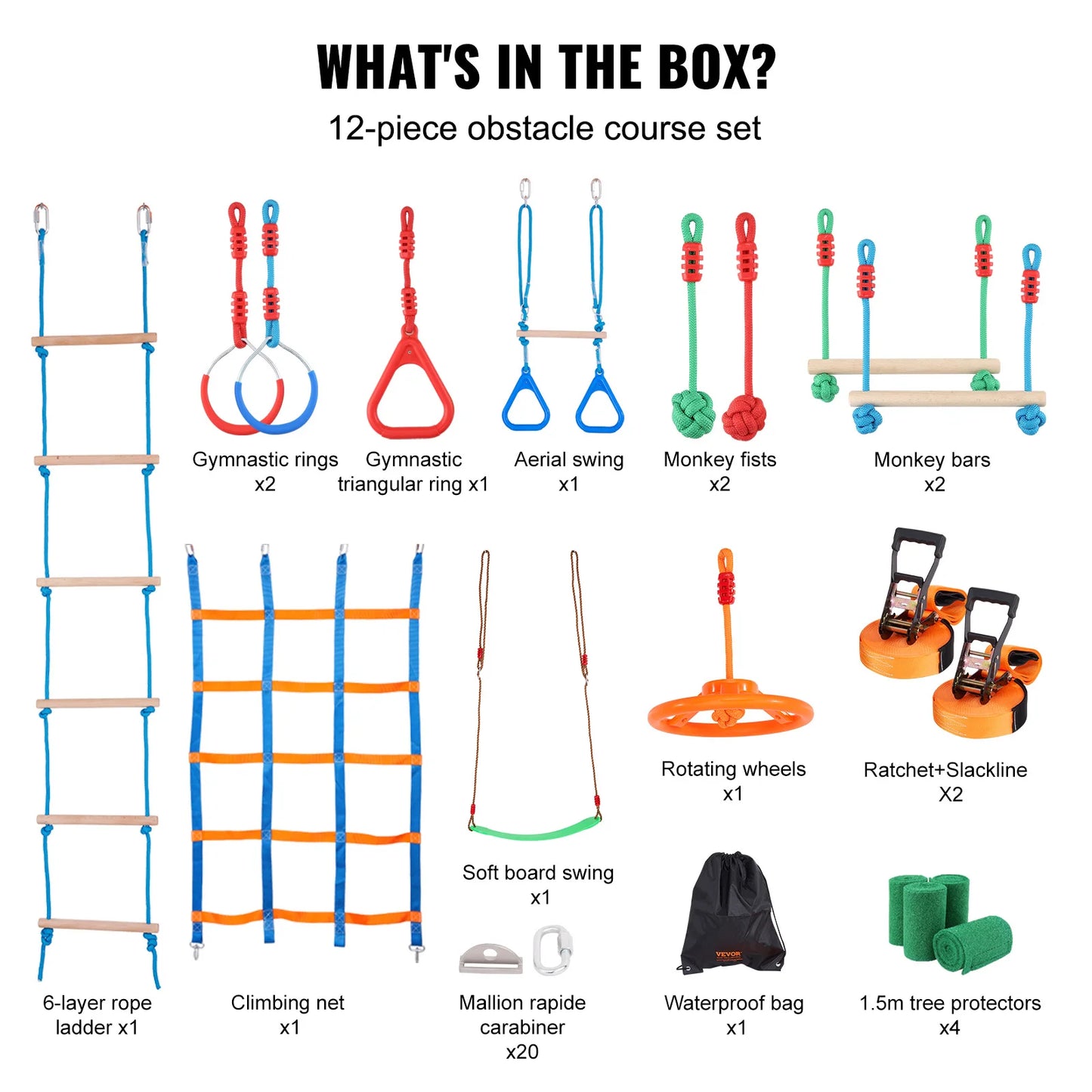 VEVOR 2x50/56/60/65FT Ninja Warrior Obstacle Course for Kids Weatherproof Slacklines 500lbs Weight Outdoor Playset Equipment