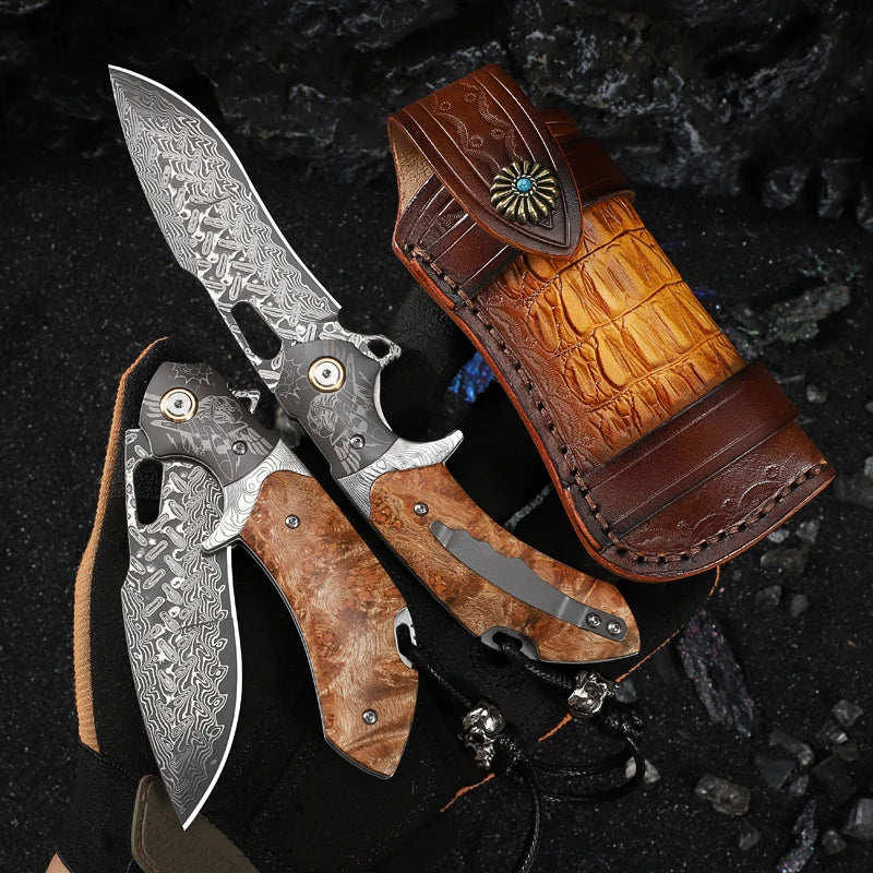 Handmade Japanese Damascus Steel Folding Pocket Knife with Sheath, Men's Pocket Knife, EDC Camping Hunting Knife, Hiking Trip