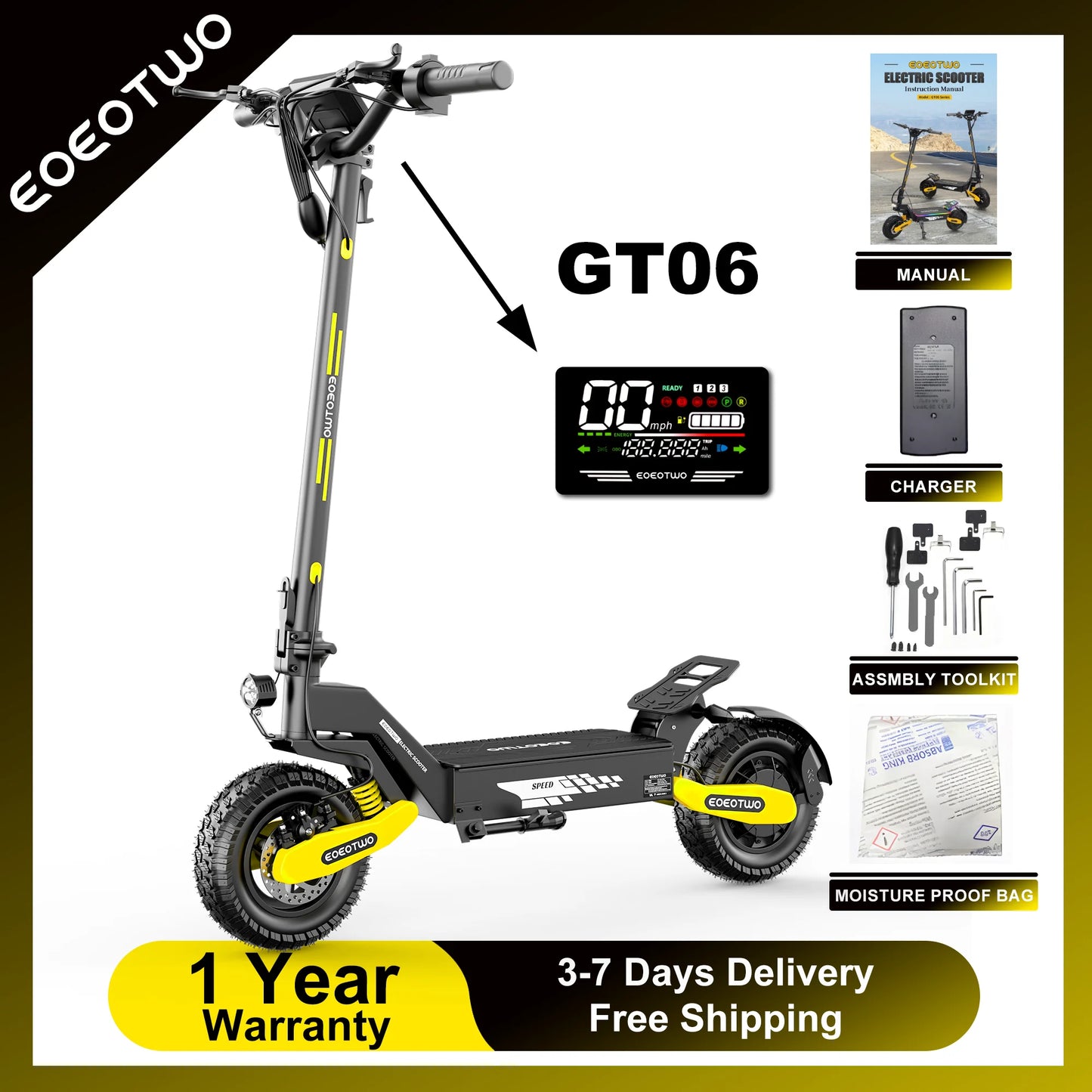 EOEOTWO GT06 Electric Scooter Adults 30MPH,1200W Motor E-Scooter,11'' Off-Road Tire Scooter with Dual Suspension & Side Light