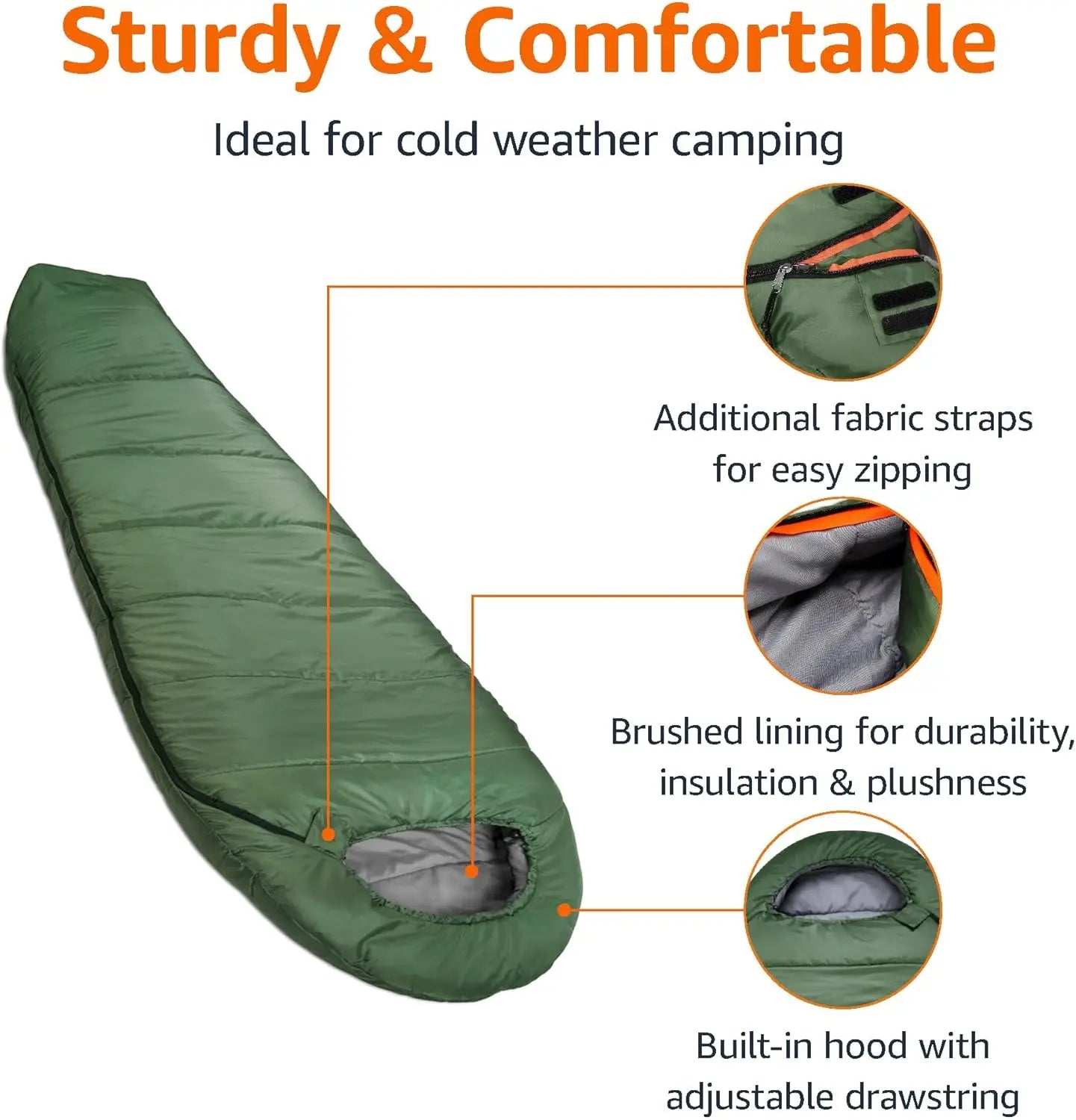 20°F Cold Weather Mummy Sleeping Bag, 82x33 Inches, Olive Green - Waterproof & Lightweight for Camping Hiking
