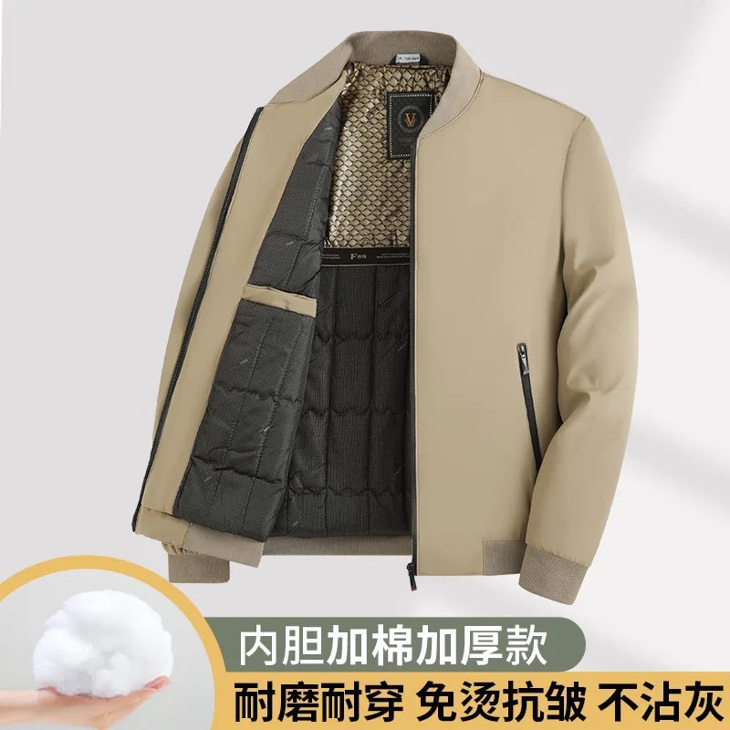 Warm Casual Cotton Jacket for Middle-Aged Men Thickened Fill Winter Outerwear Standard Fit Zipper Closure Solid Color