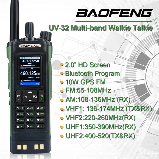BAOFENG UV-32 GPS Walkies Talkie AM FM Long Range Bluetooth Programming 10W Wireless Copy Frequency 1000CH Two Way Radio