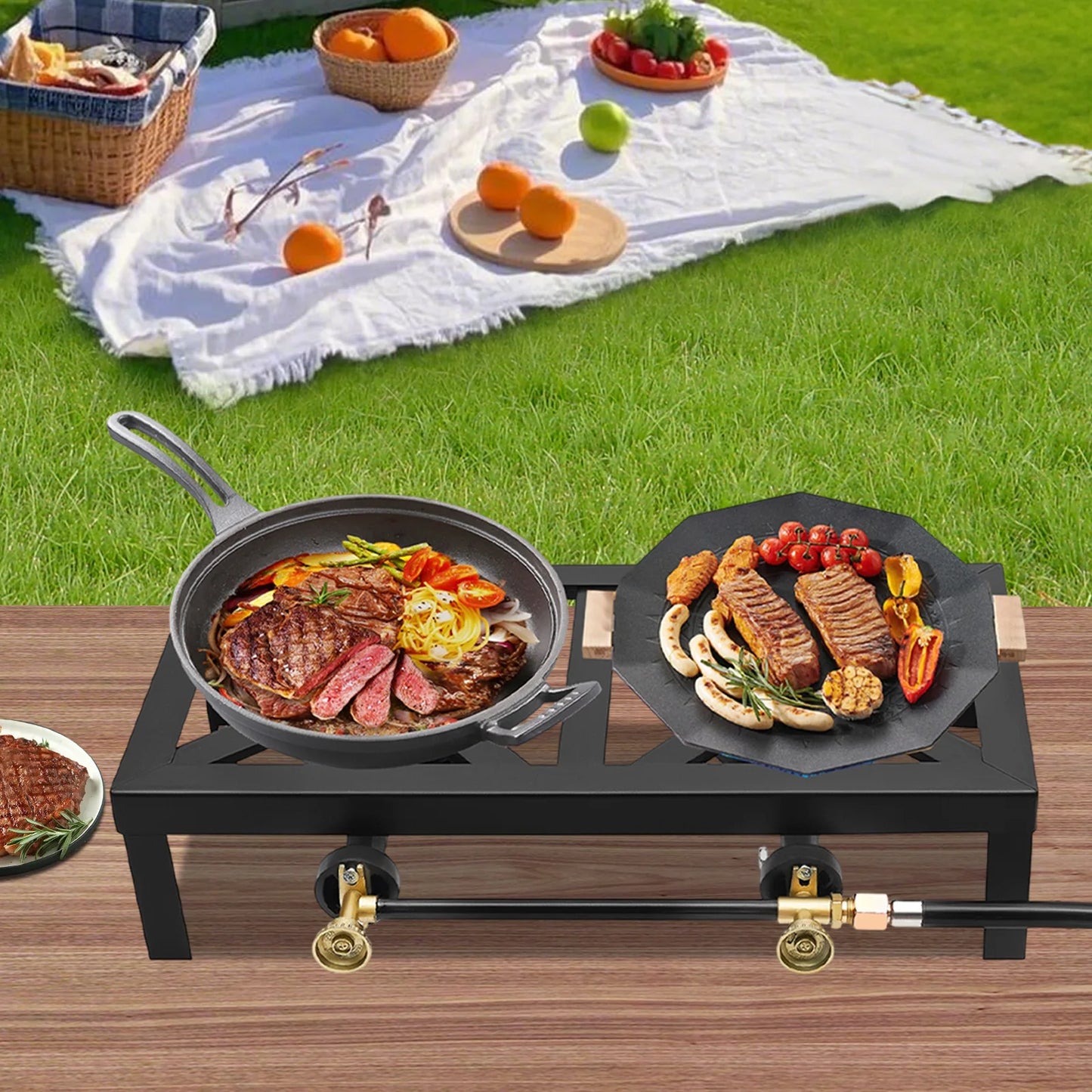 Portable Double Burner Outdoor Gas Stove Propane Cooker Adjustable Regulator