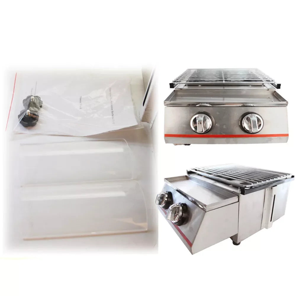 2 Burner Tabletop LPG Grill Stainless Steel Outdoor BBQ Camping Griddle Smokeless Portable Gas Barbeque Grill