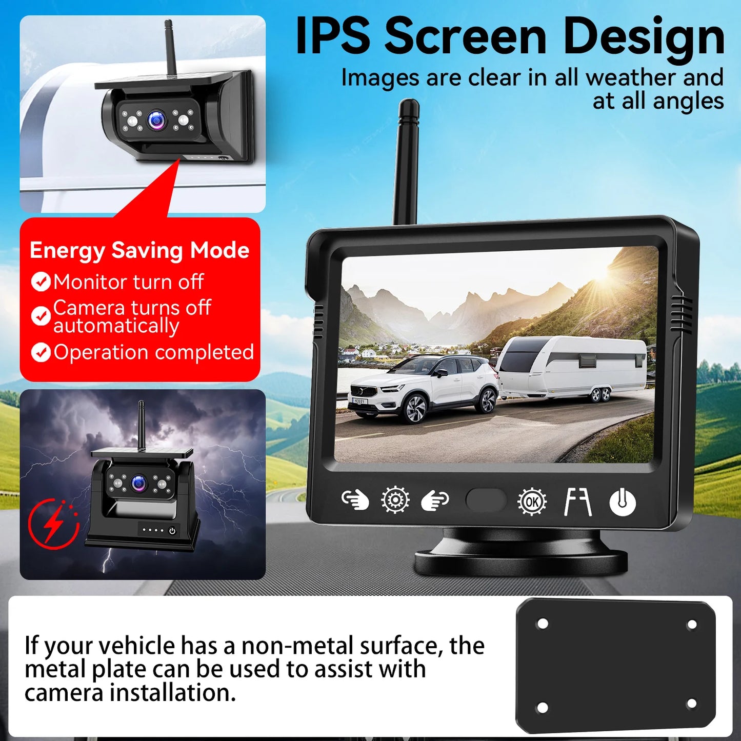 Solar magnetic wireless HD 1080P night vision reversing camera for RV trucks, paired with a 5-inch vehicle monitoring system.