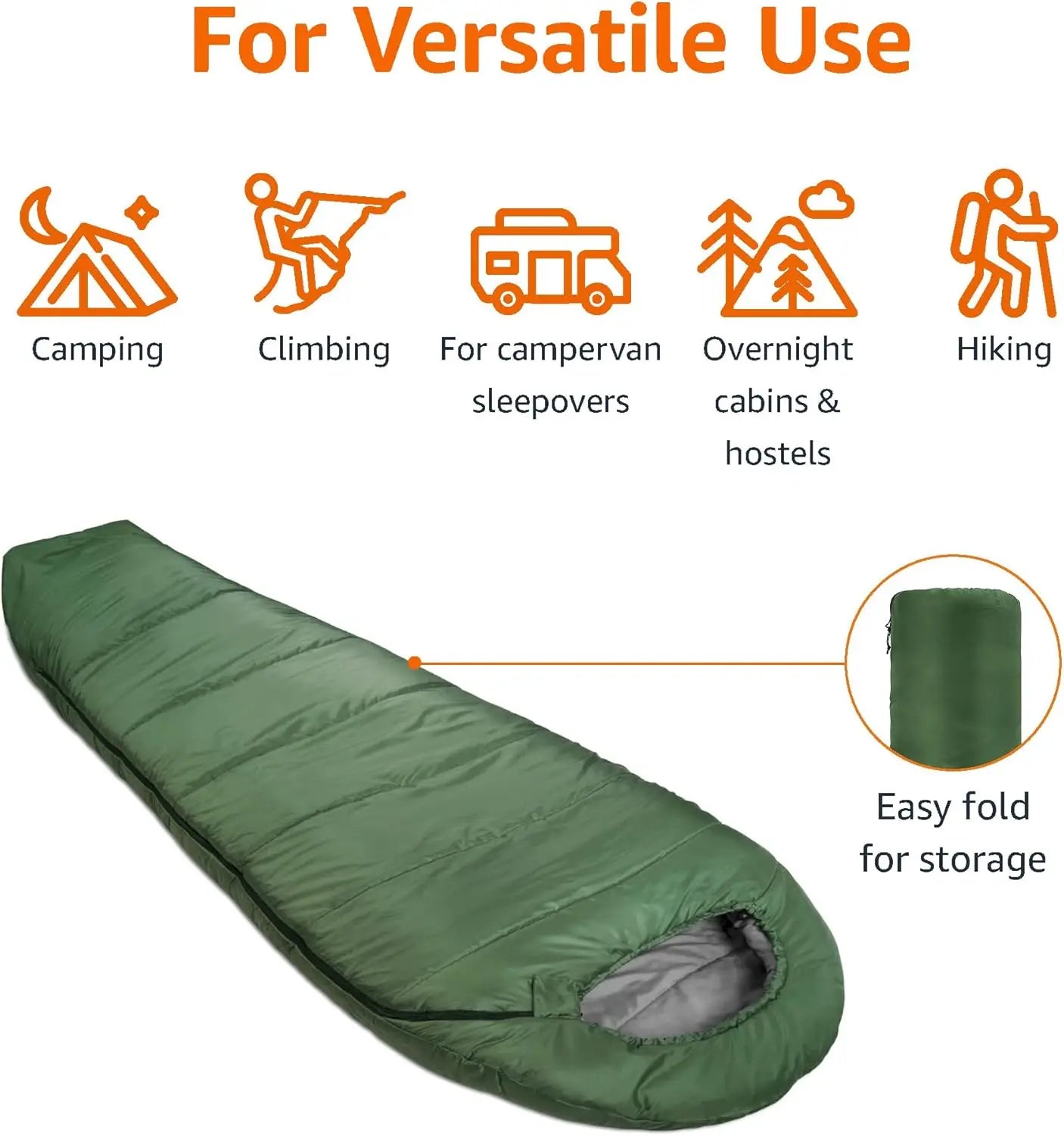 20°F Cold Weather Mummy Sleeping Bag, 82x33 Inches, Olive Green - Waterproof & Lightweight for Camping Hiking